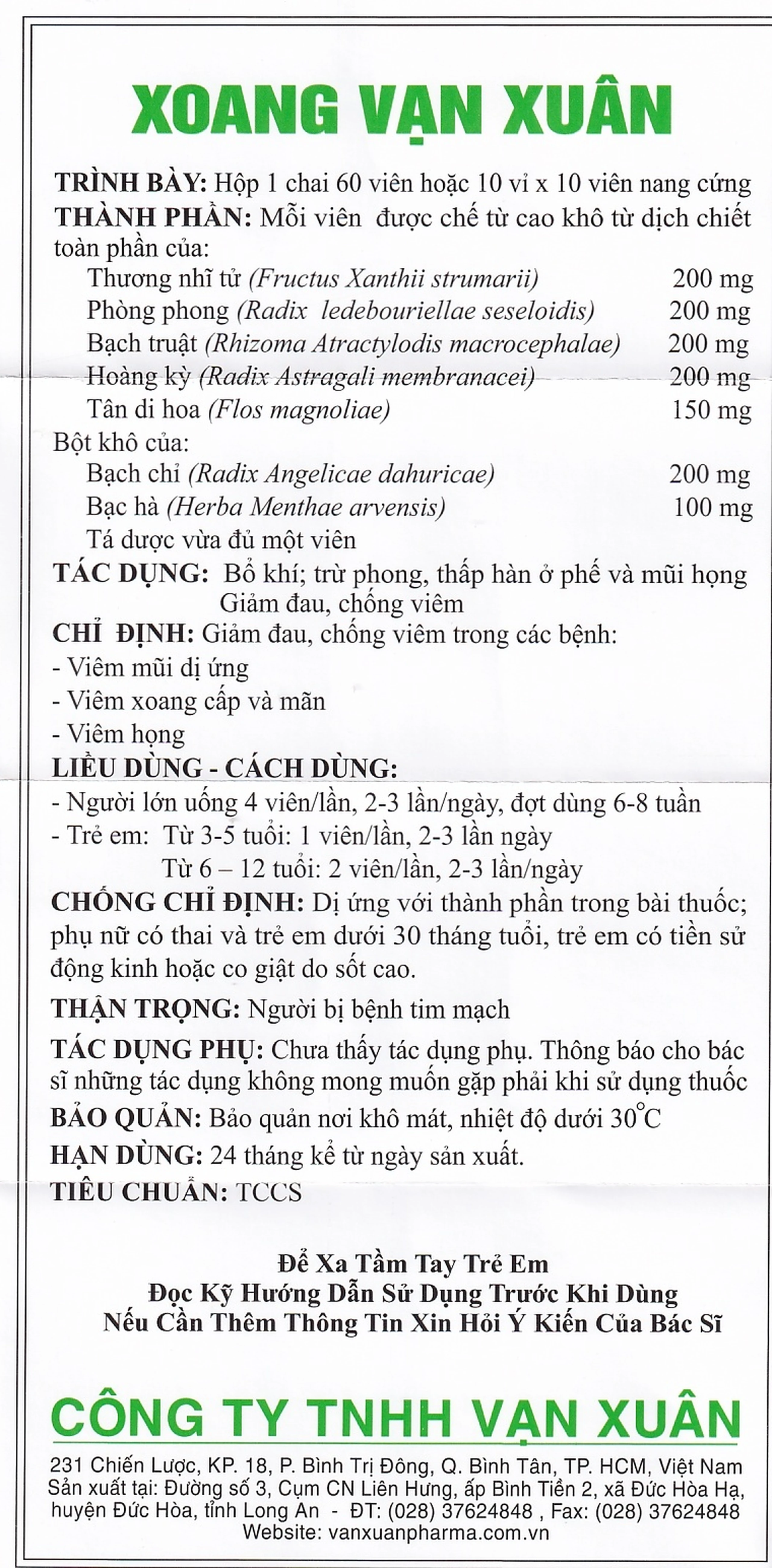 Thuốc Xoang Vạn Xuân giảm đau, chống viêm mũi dị ứng, viêm xoang (10 vỉ x 10 viên)