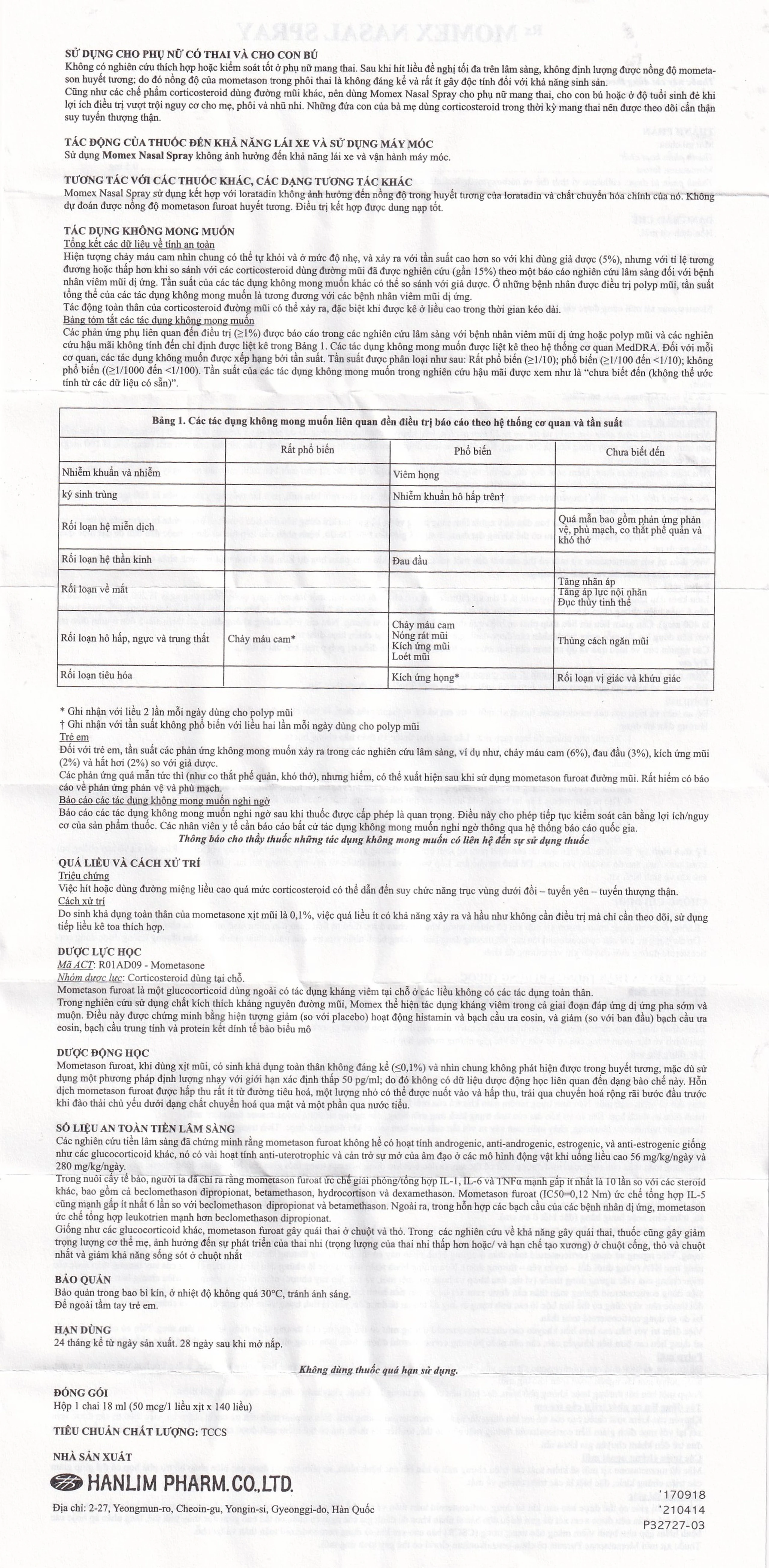 Hỗn dịch xịt mũi Momex Nasal Spray Hanlim điều trị viêm mũi theo mùa (18ml)