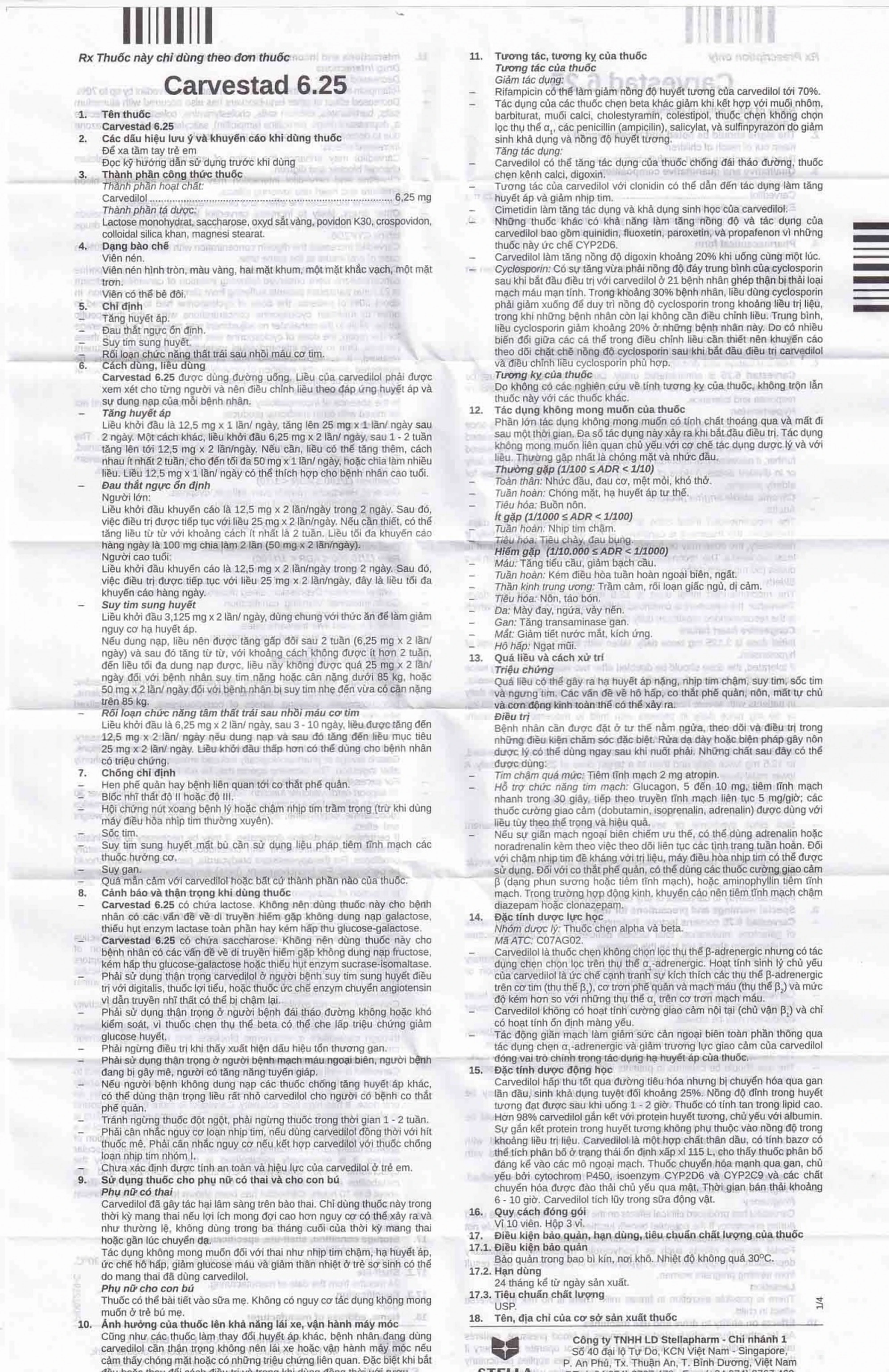 Thuốc Carvestad 6.25 Stella điều trị tăng huyết áp, đau thắt ngực (3 vỉ x 10 viên)