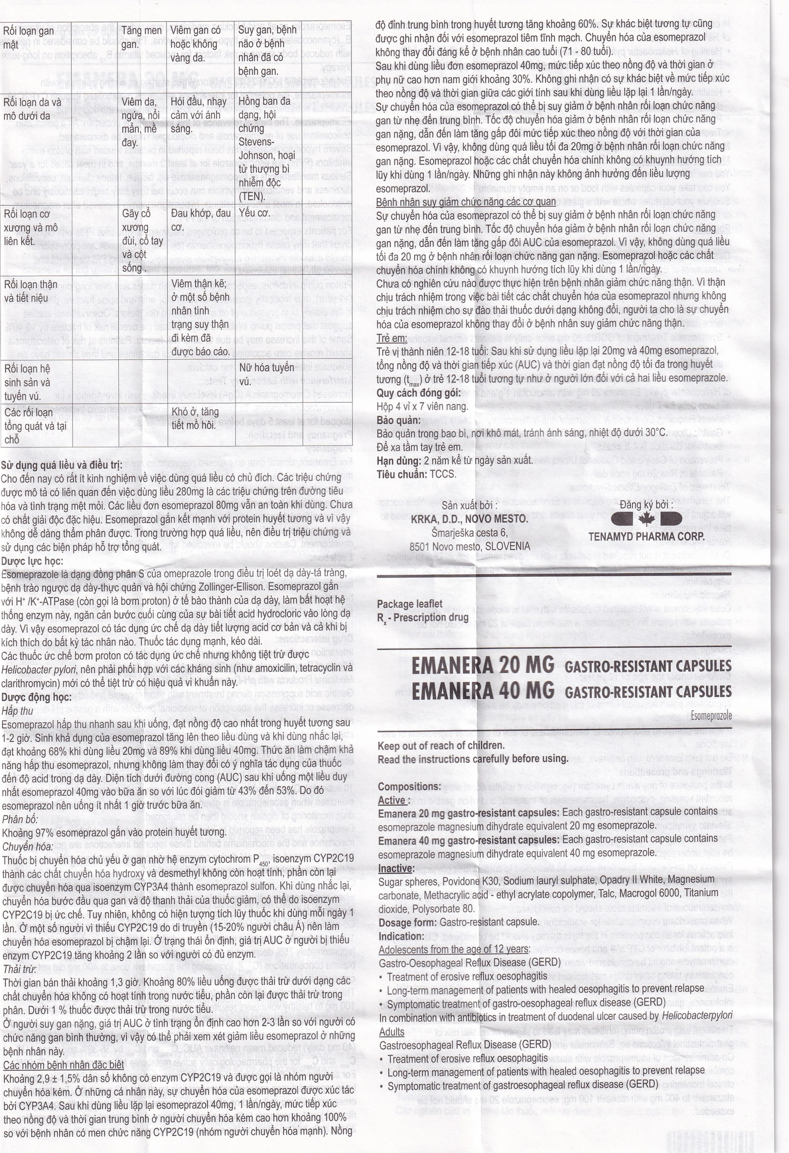 Thuốc Emanera 20mg KRKA điều trị trào ngược dạ dày thực quản (4 vỉ x 7 viên)