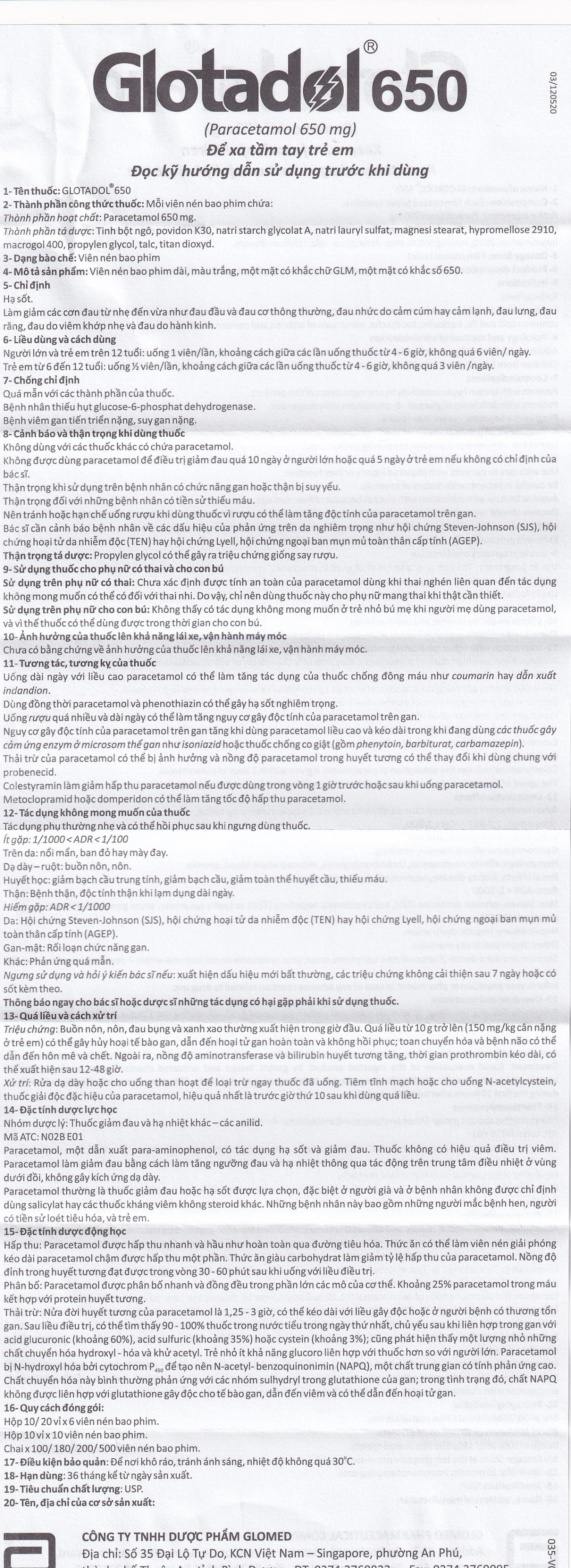 Thuốc Glotadol 650 Abbott hỗ trợ hạ sốt và giảm đau (200 viên)