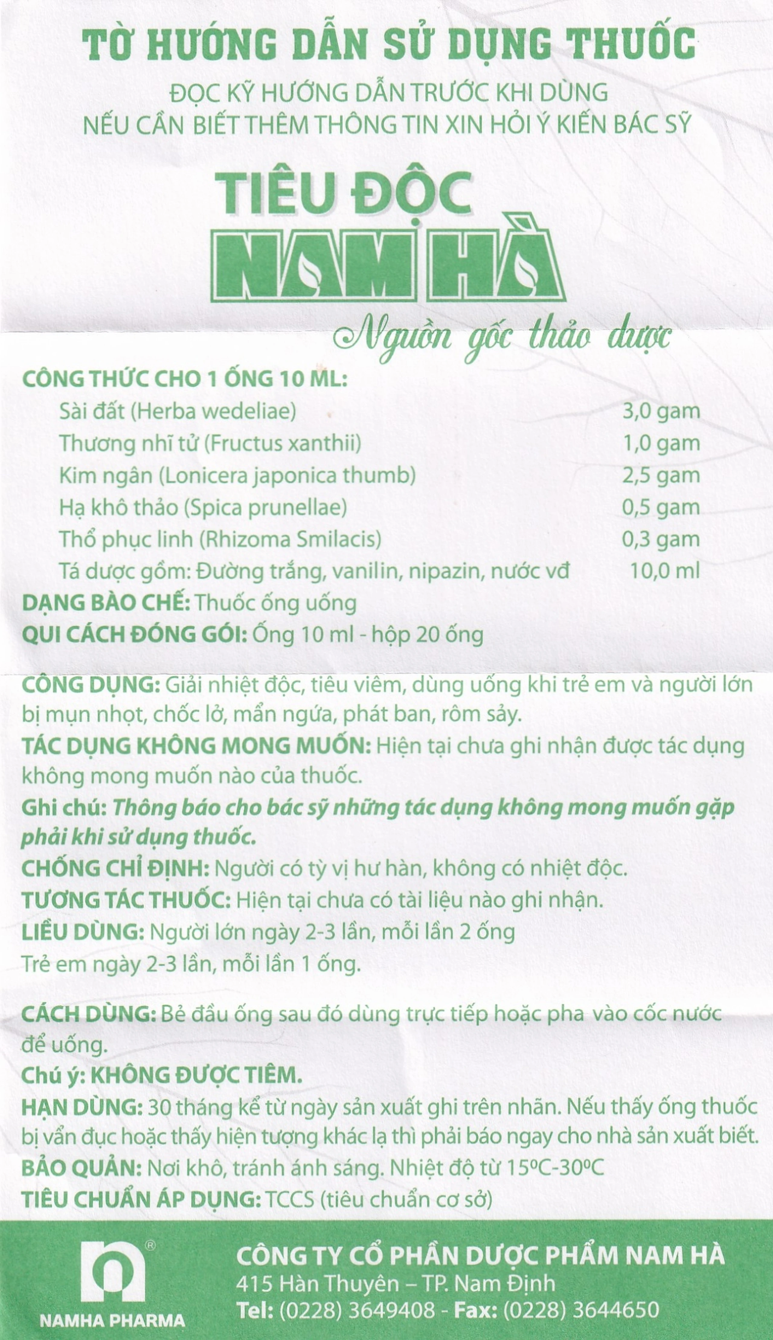 Dung dịch Tiêu Độc Nam Hà giải nhiệt độc, tiêu viêm (20 ống x 10ml)