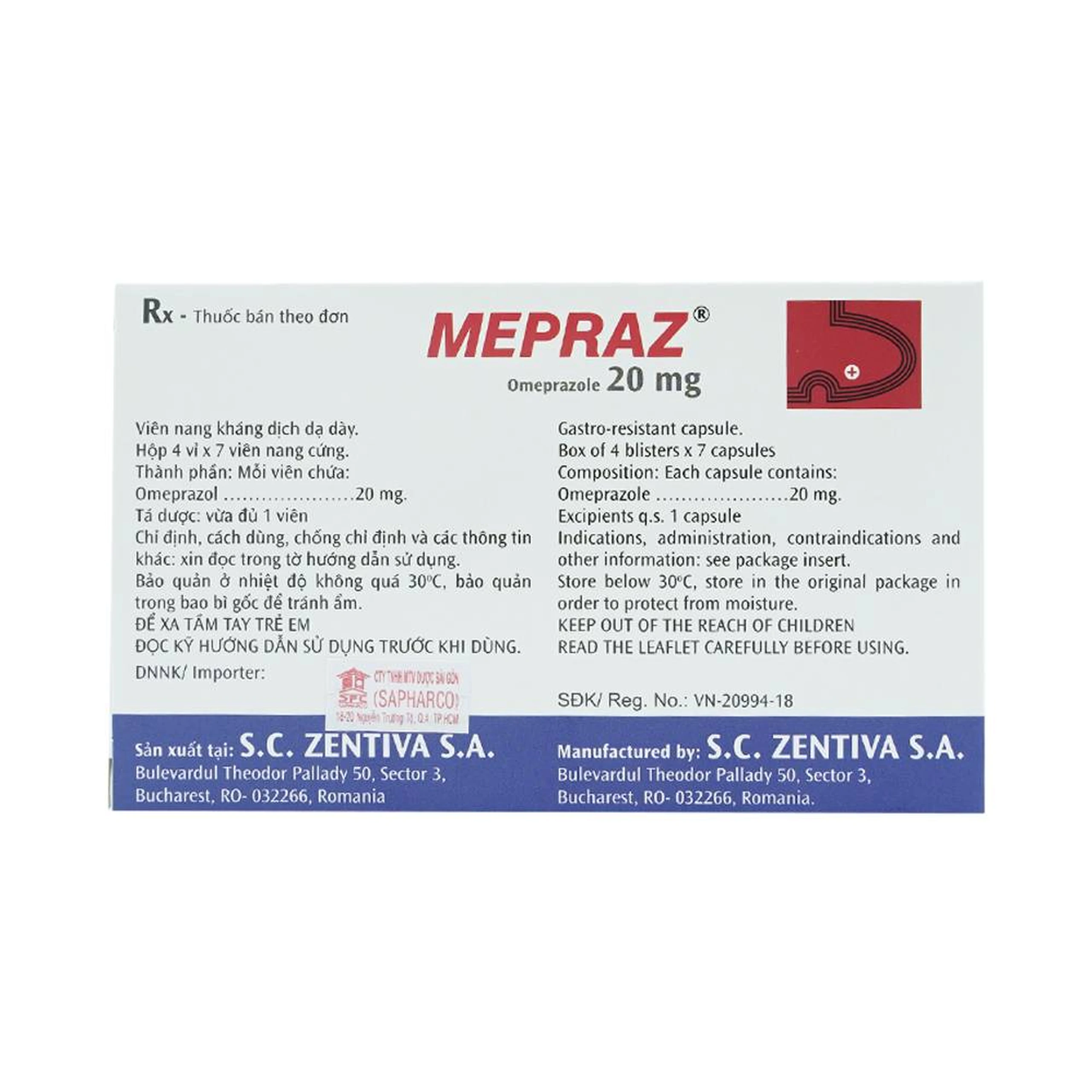 Viên nang cứng Mepraz 20mg Sanofi điều trị trào ngược dạ dày thực quản (4 vỉ x 7 viên)