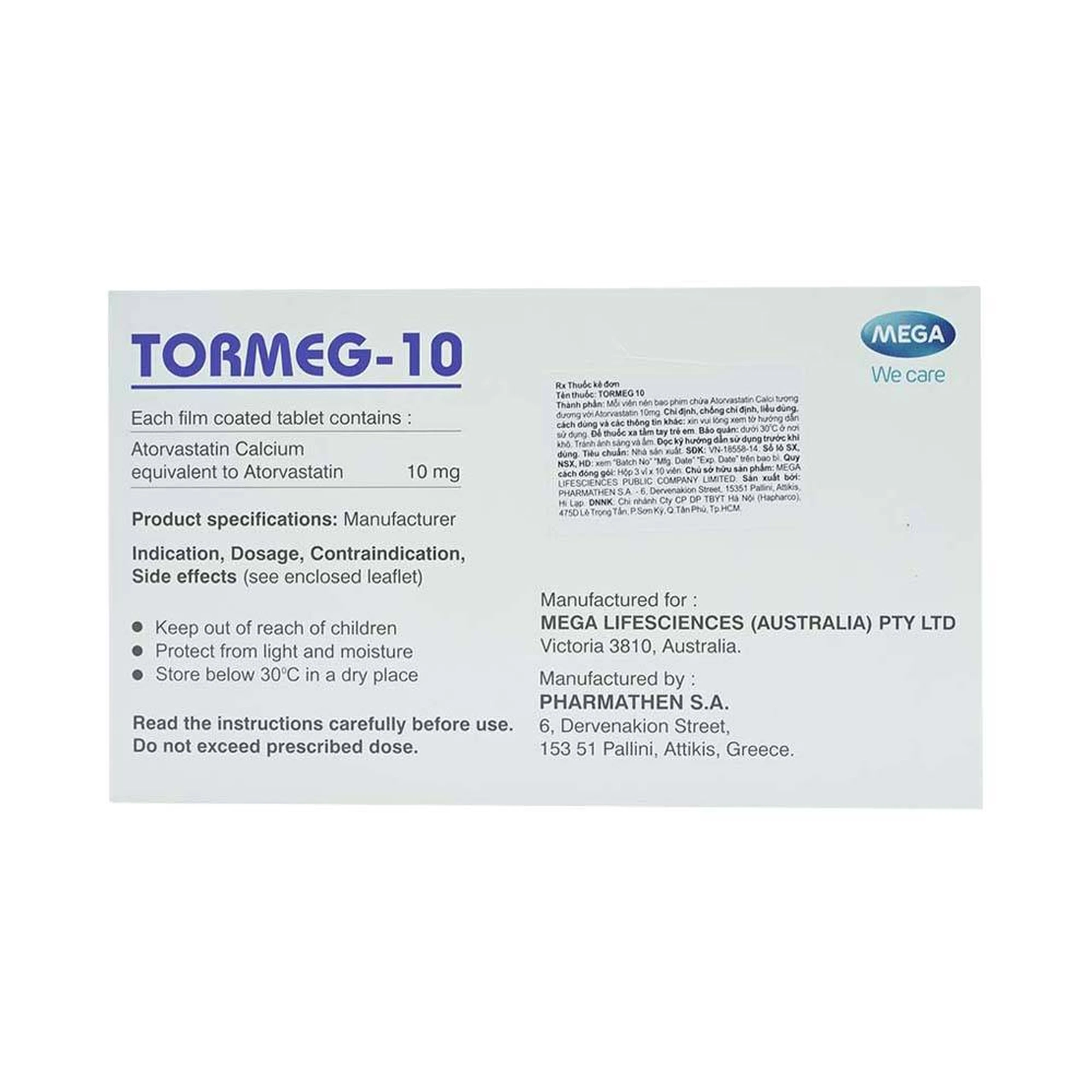 Thuốc Tormeg-10 MEGA We care ngăn ngừa bệnh tim mạch, tăng mỡ máu (3 vỉ x 10 viên)