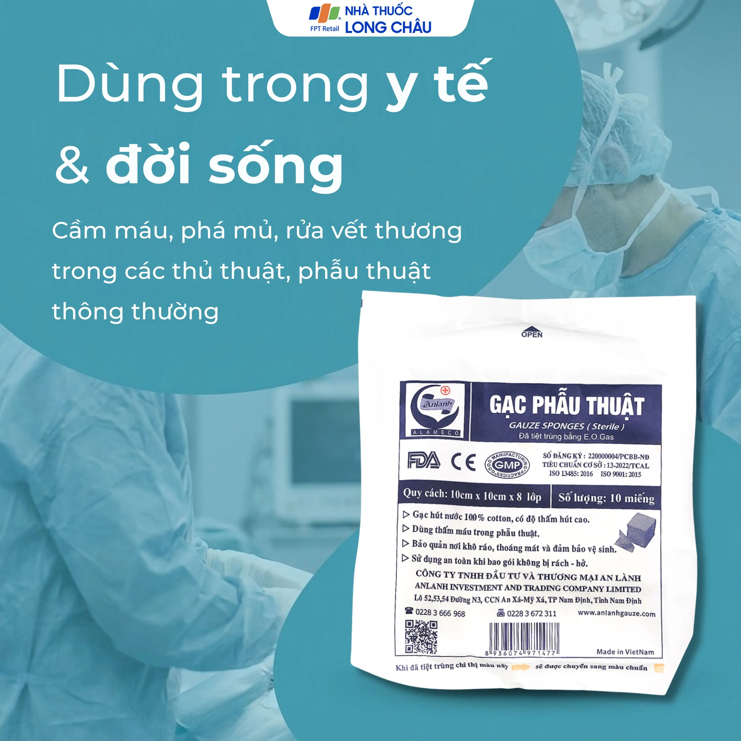Gạc phẫu thuật An Lành 10x10cm x 8 lớp (10 miếng) dùng thấm máu trong phẫu thuật 3