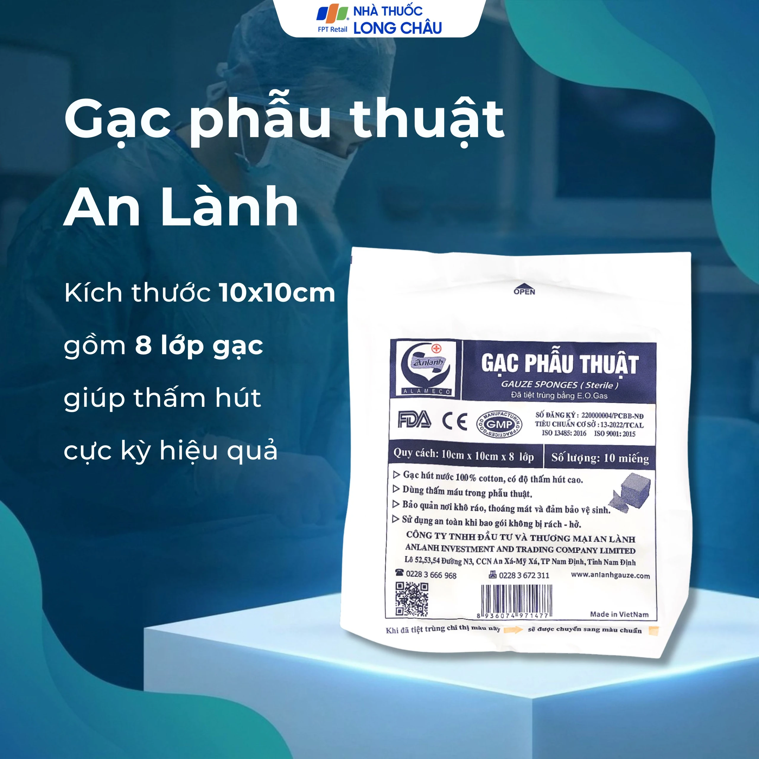 Gạc phẫu thuật An Lành 10x10cm x 8 lớp (10 miếng) dùng thấm máu trong phẫu thuật 2