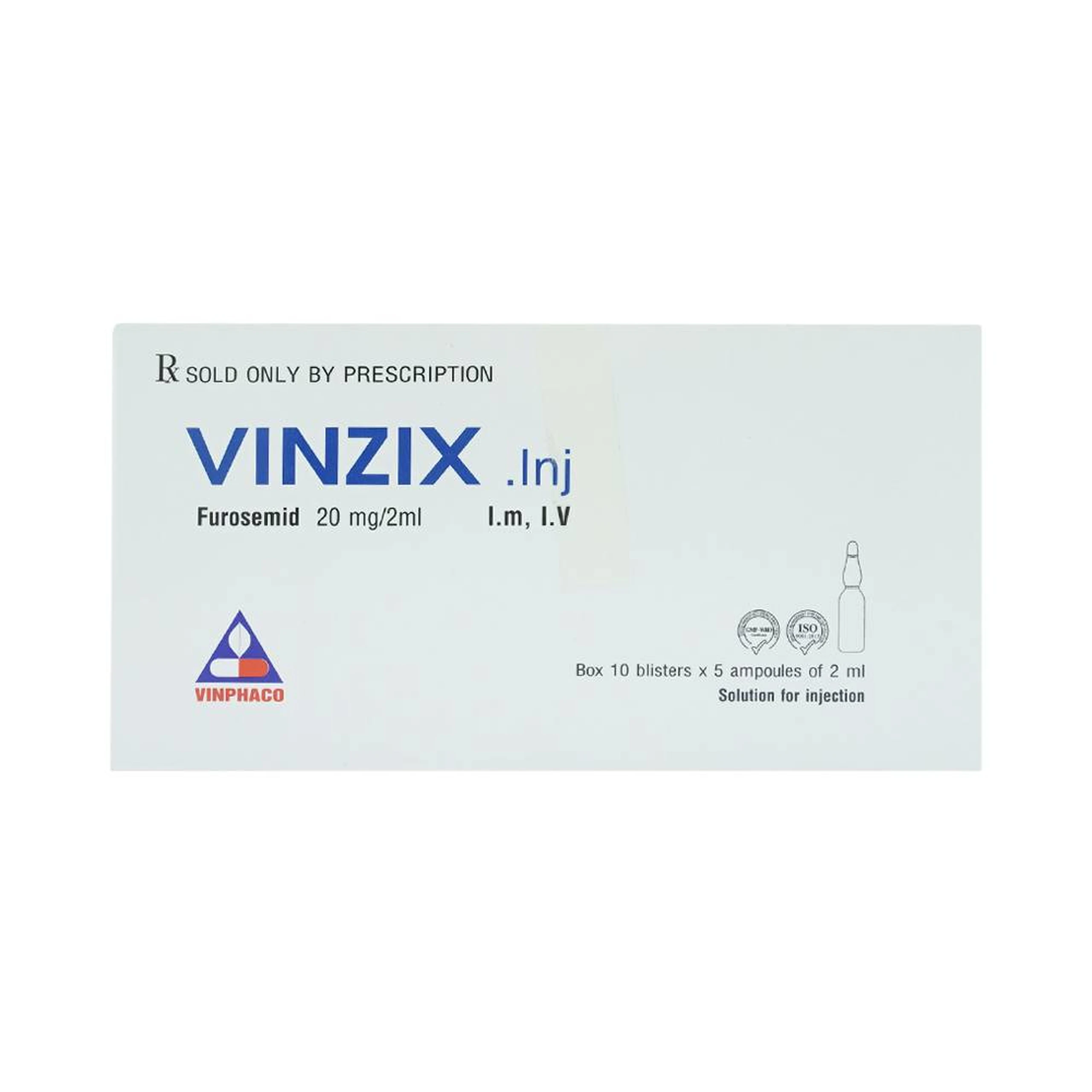 Dung dịch Vinzix 20mg/2ml Vinphaco điều trị phù trong suy tim sung huyết (10 vỉ x 5 ống x 2ml)