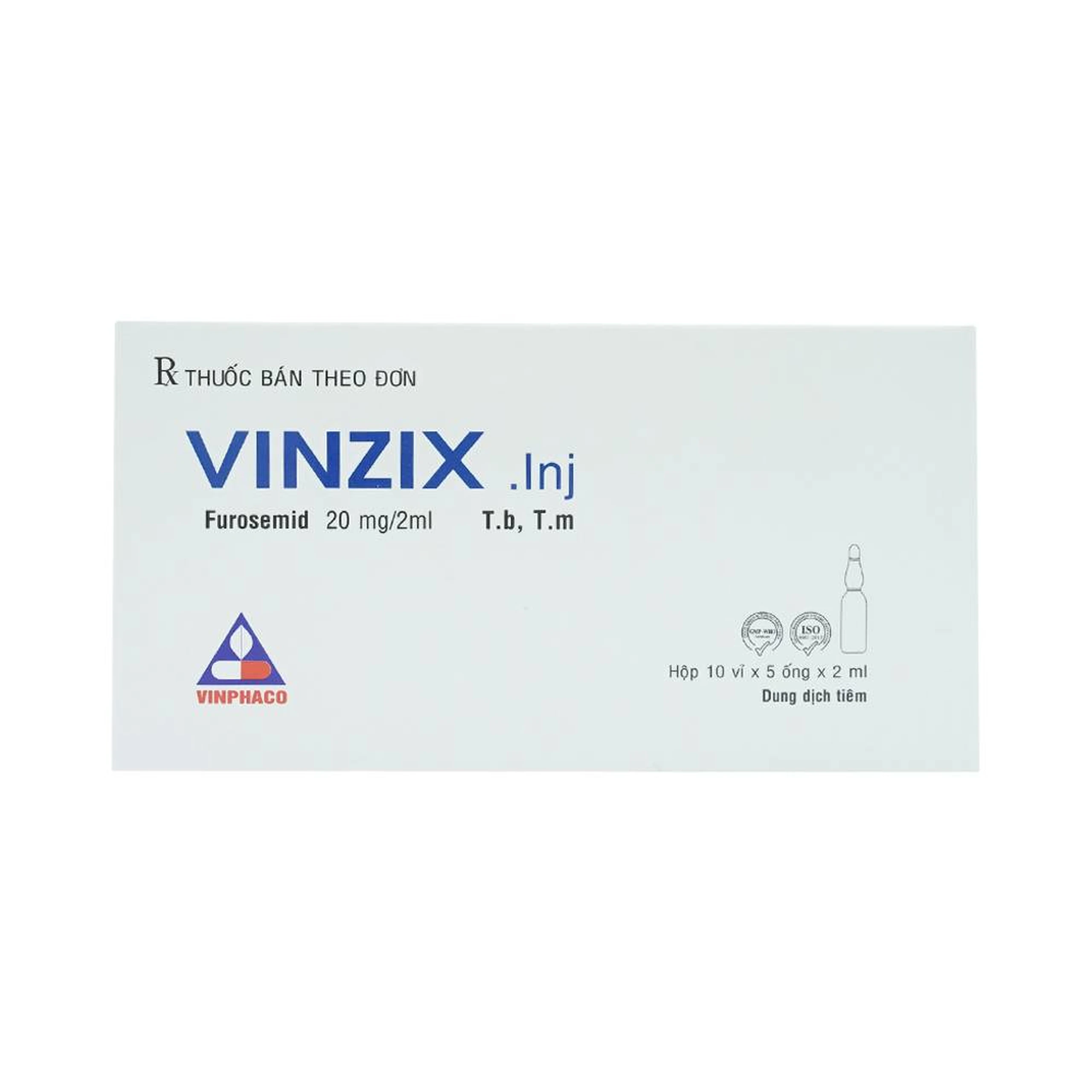 Dung dịch Vinzix 20mg/2ml Vinphaco điều trị phù trong suy tim sung huyết (10 vỉ x 5 ống x 2ml)