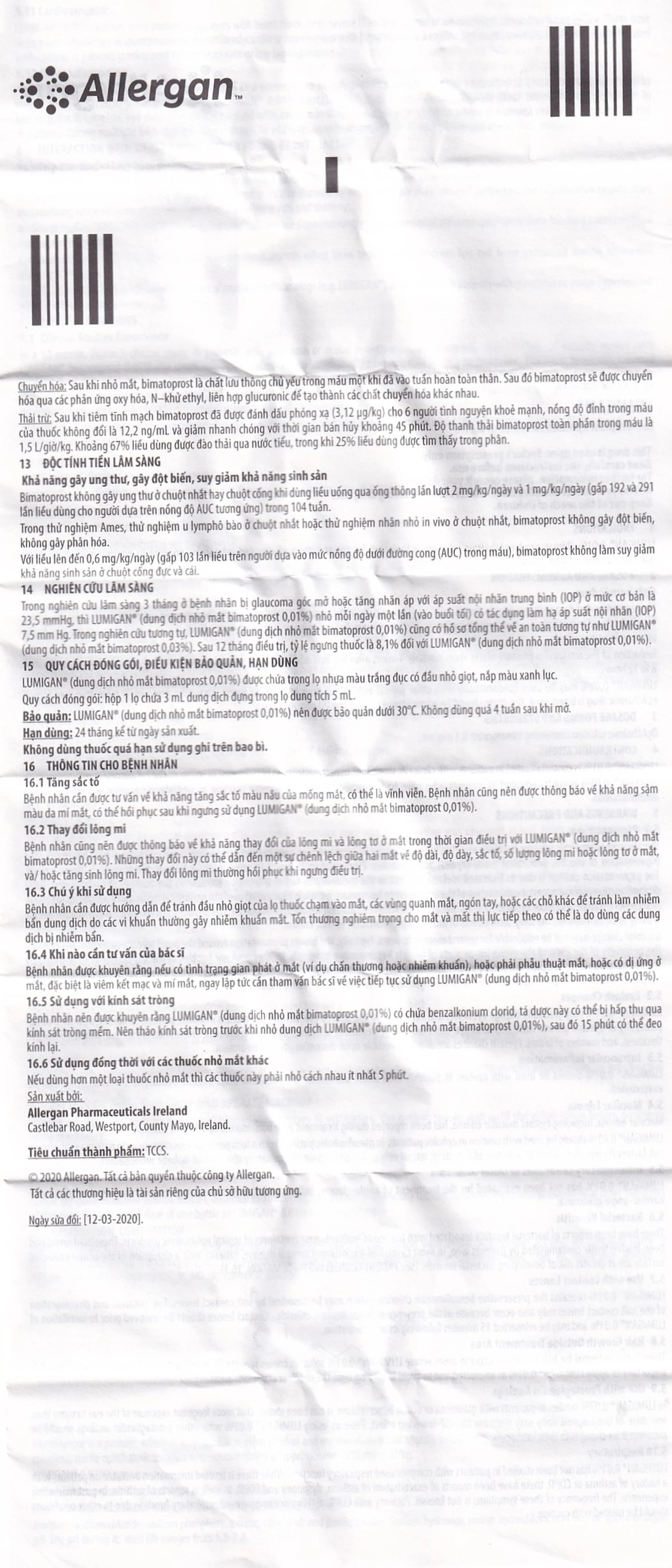 Thuốc nhỏ mắt Lumigan 0.01% Allergan giảm tăng áp suất nội nhãn (3ml)
