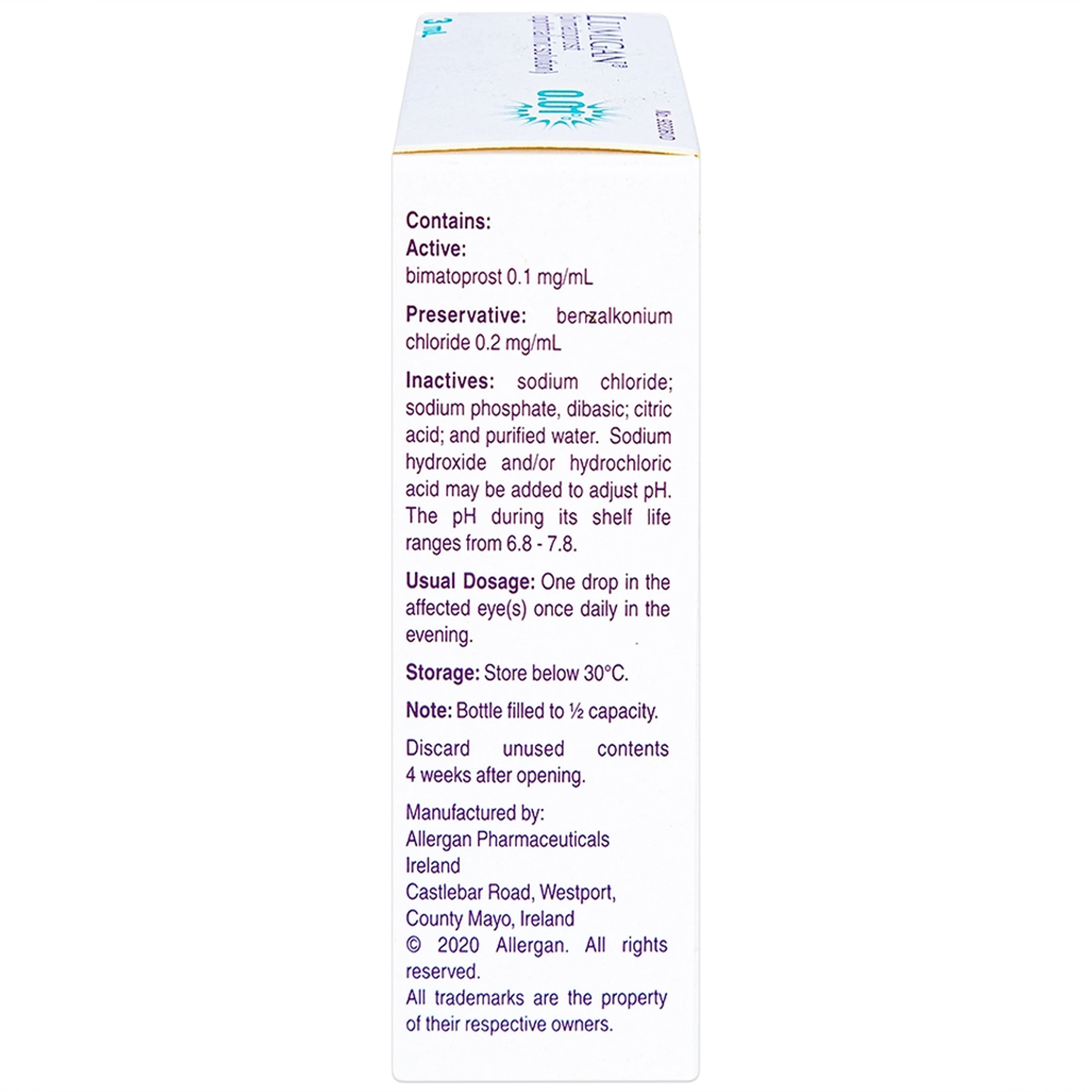 Thuốc nhỏ mắt Lumigan 0.01% Allergan giảm tăng áp suất nội nhãn (3ml)