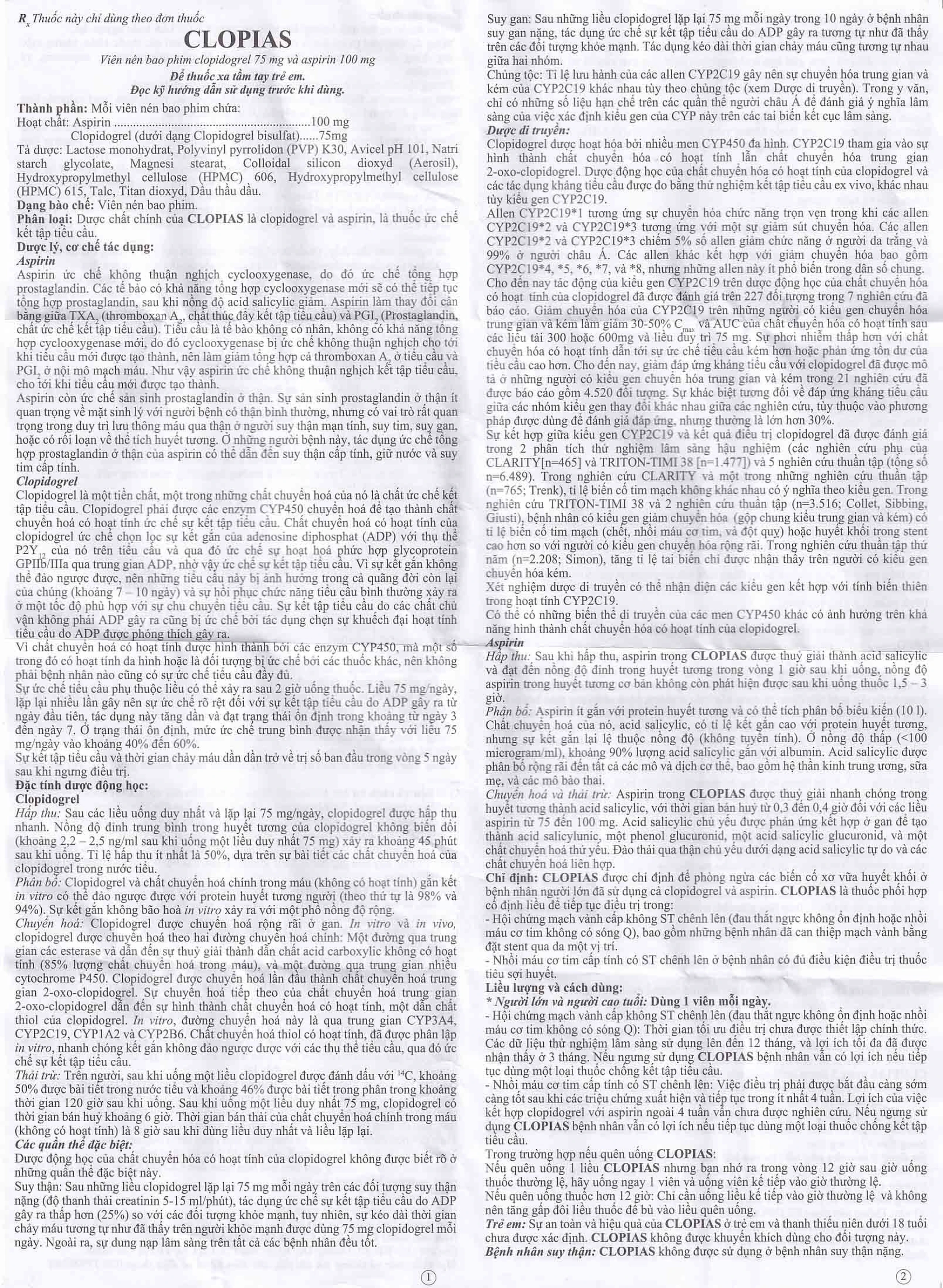 Thuốc Clopias USP phòng ngừa các biến cố xơ vữa huyết khối (3 vỉ x 10 viên)