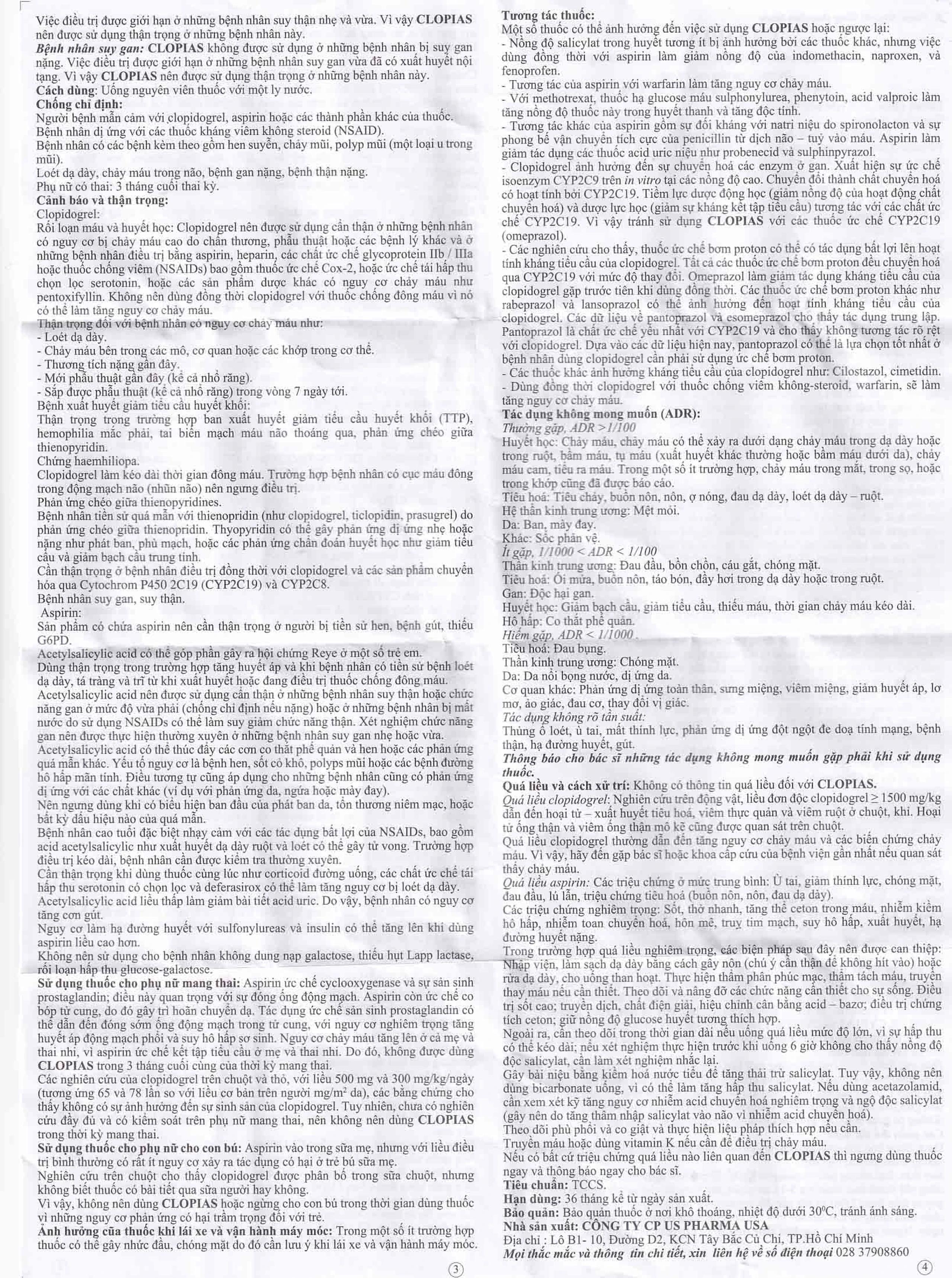 Thuốc Clopias USP phòng ngừa các biến cố xơ vữa huyết khối (3 vỉ x 10 viên)