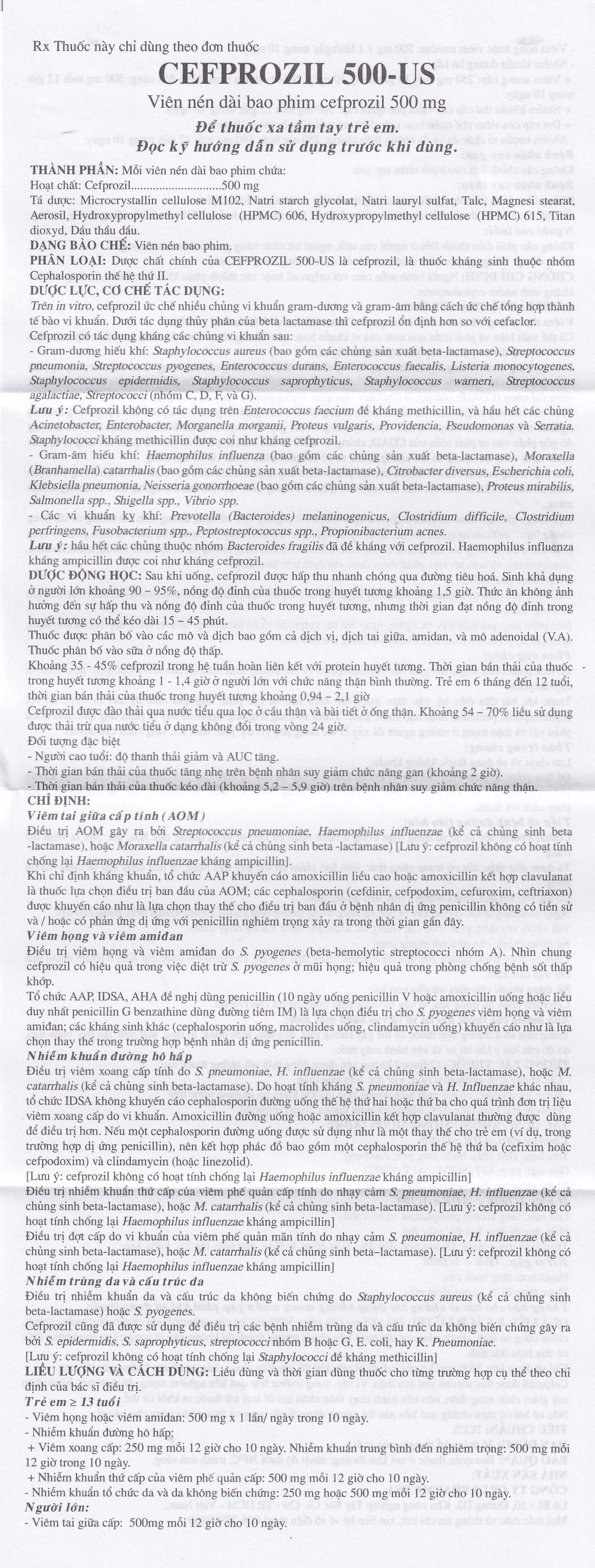 Thuốc Cefprozil 500-US điều trị nhiễm khuẩn (1 vỉ x 10 viên)