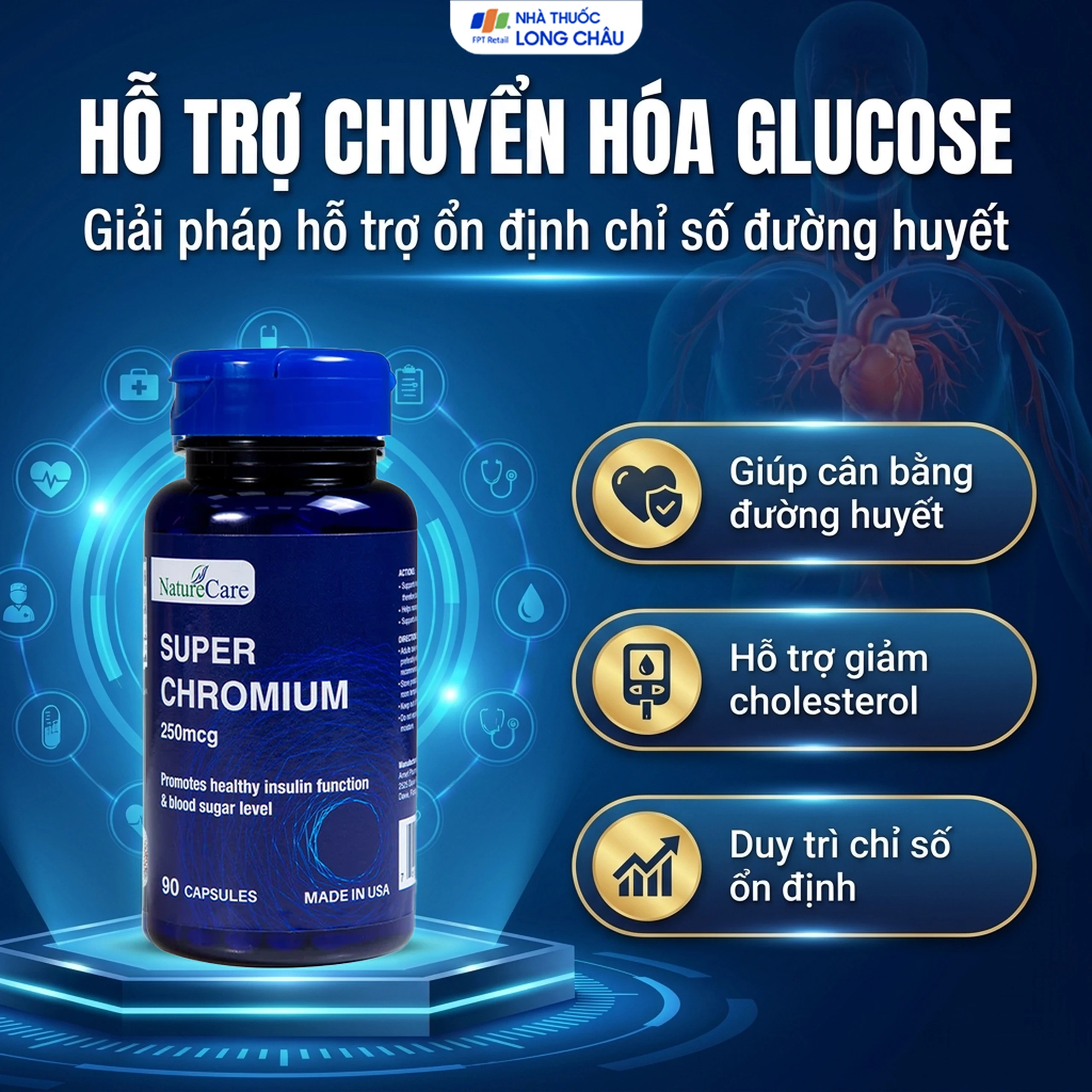 Viên uống giúp cân bằng đường huyết, giảm cholesterol Super Chromium 250mcg NatureCare (90 viên) 3