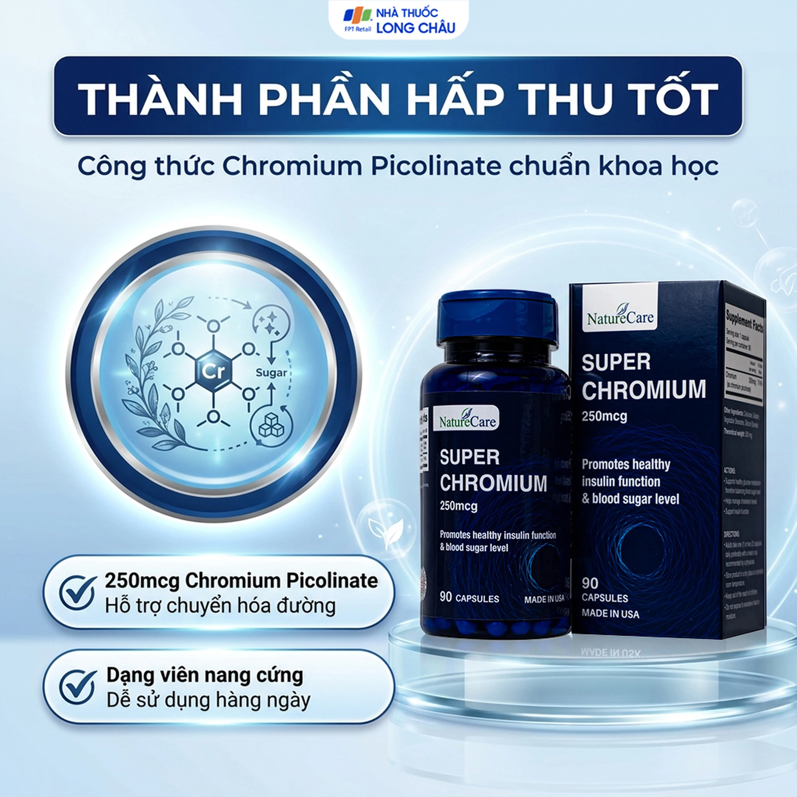 Viên uống giúp cân bằng đường huyết, giảm cholesterol Super Chromium 250mcg NatureCare (90 viên) 4