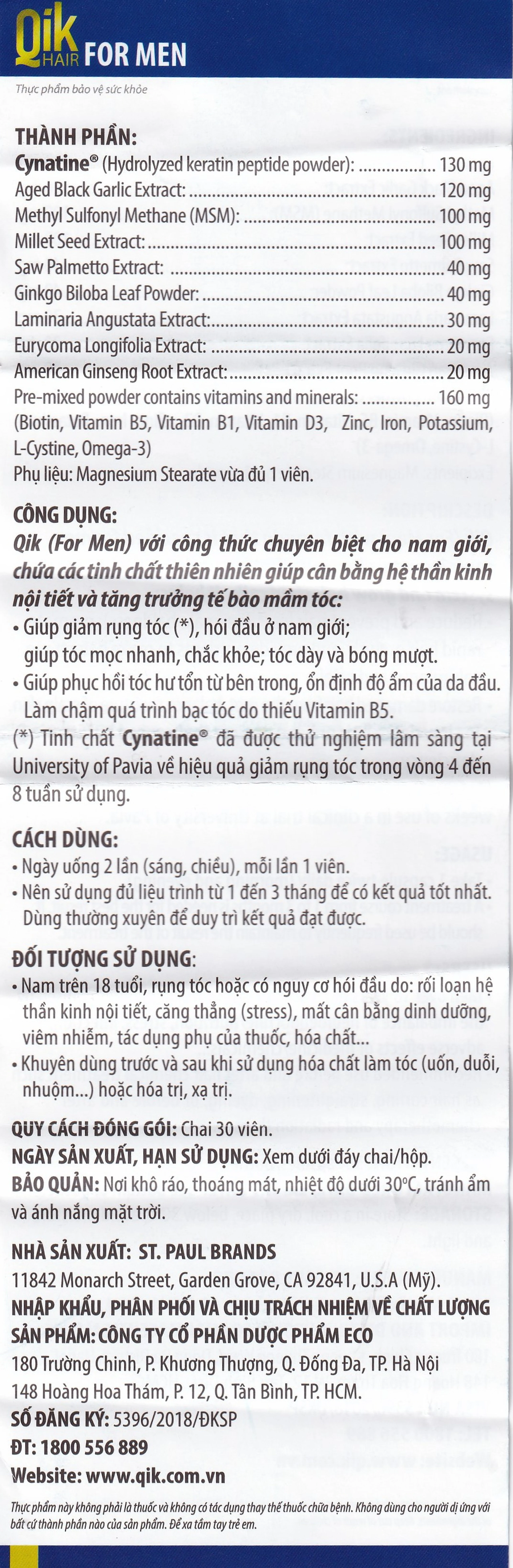Viên uống giúp giảm rụng tóc hối đầu ở nam giới Qik Hair For Men (30 viên)