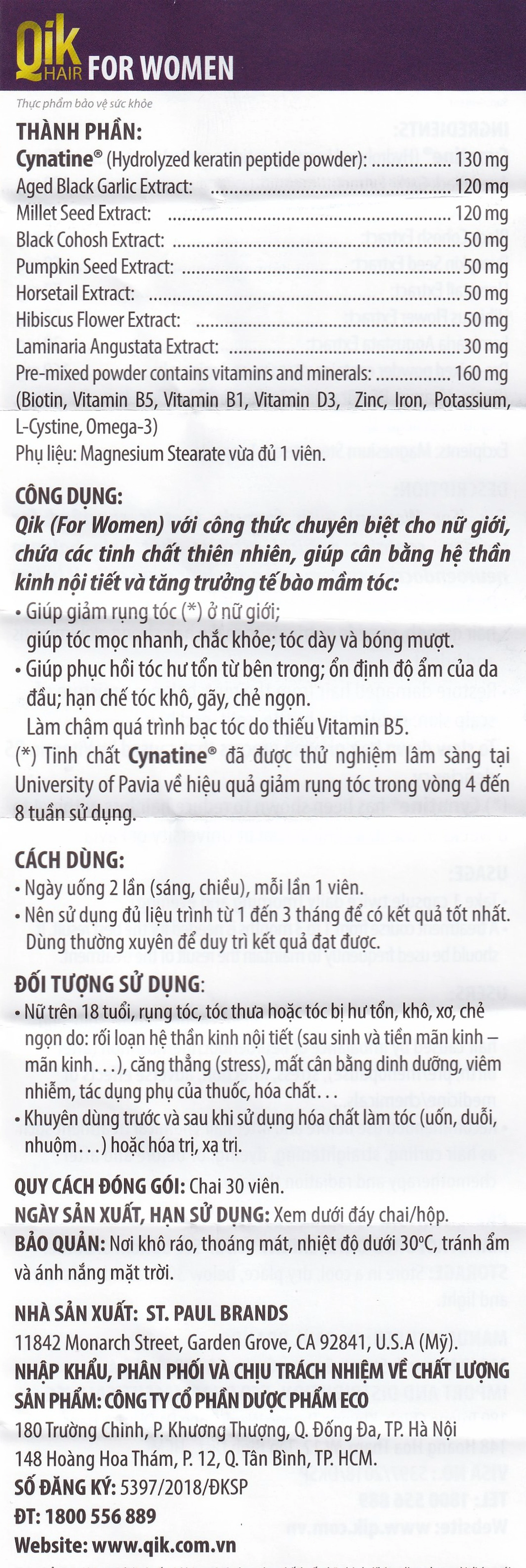 Viên giúp giảm rụng tóc ở nữ giới giúp mọc tóc Ecogreen Qik Hair For Women (30 viên)