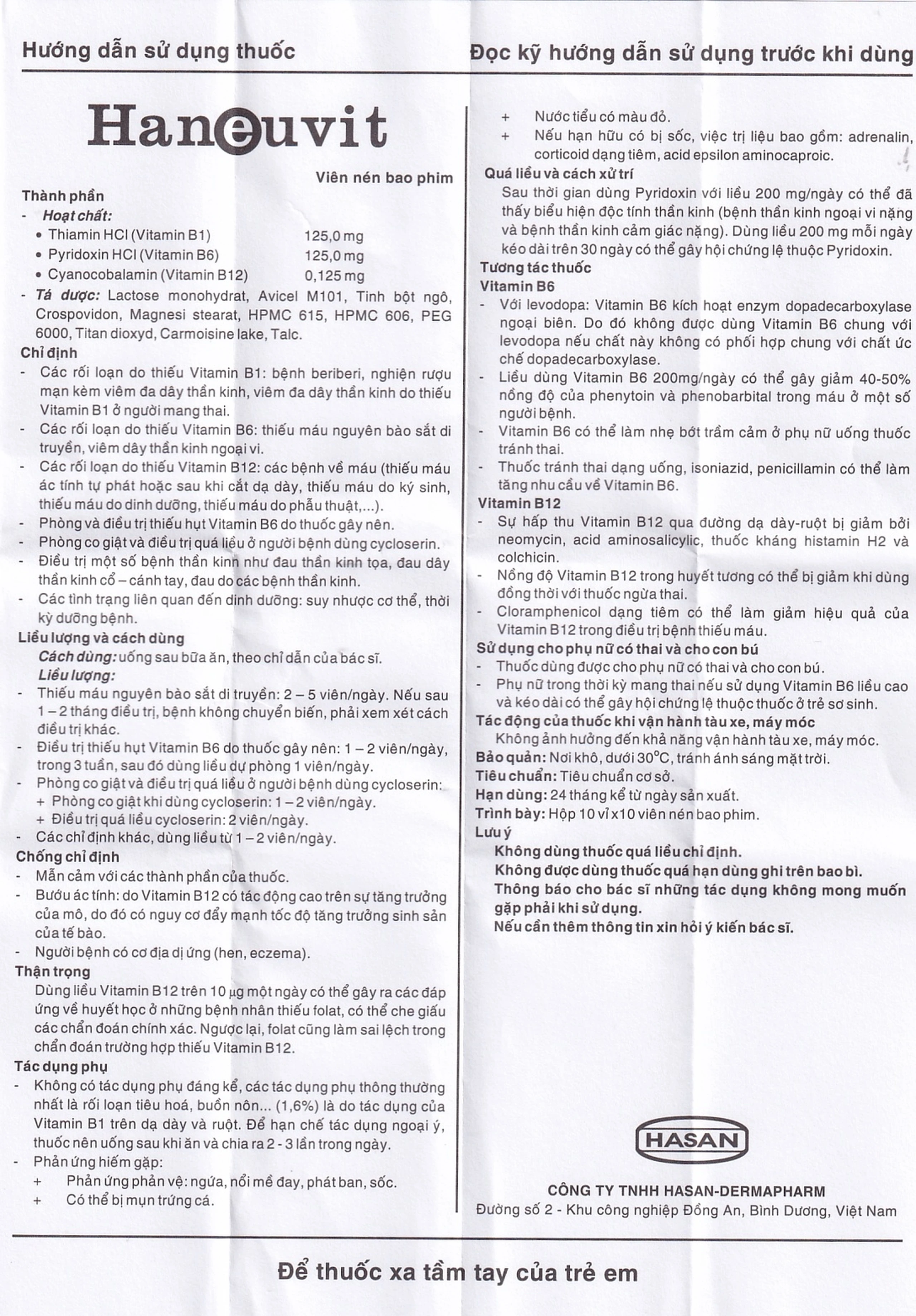 Thuốc Haneuvit Hasan điều trị rối loạn do thiếu vitamin B1, B6, B12 (10 vỉ x 10 viên)