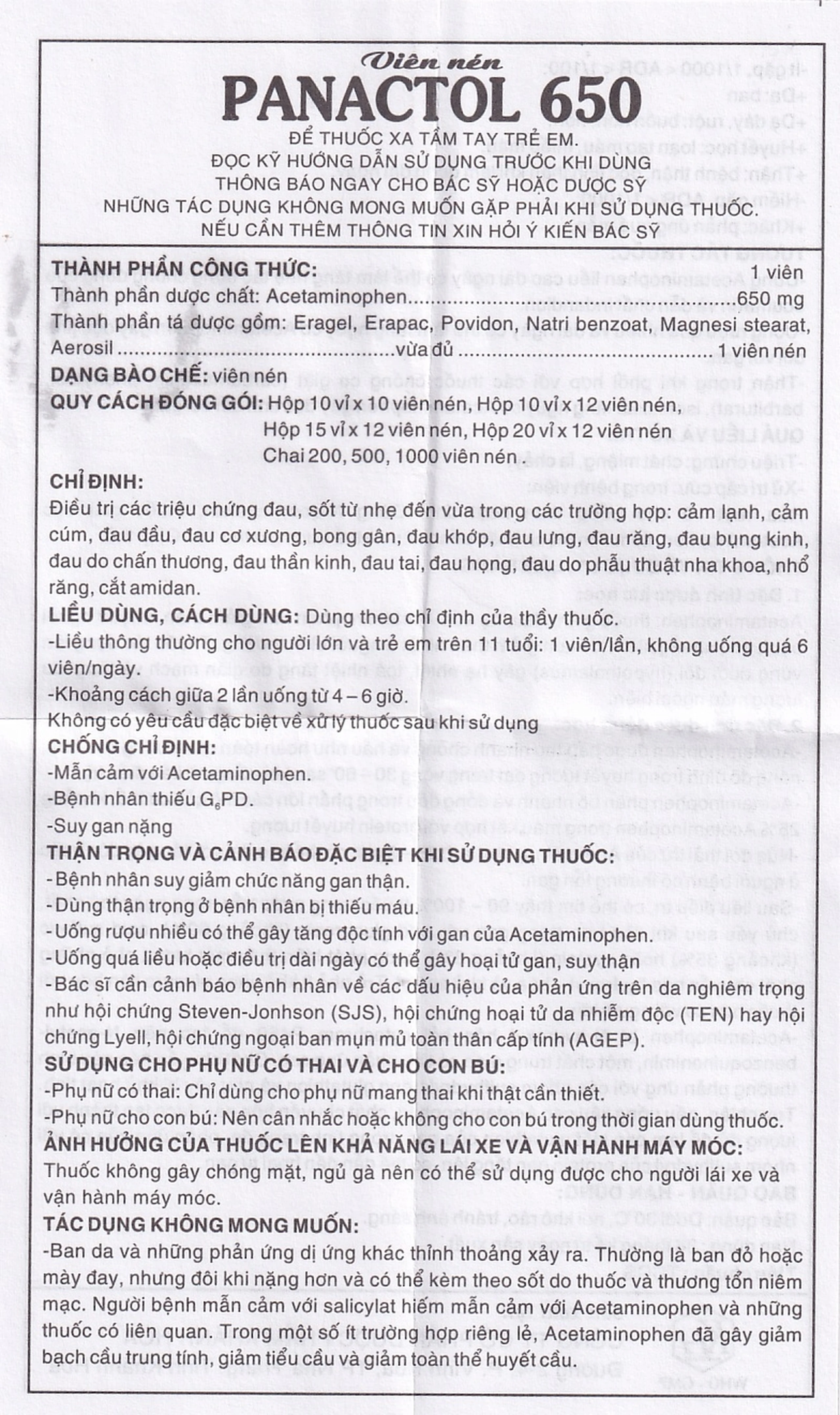 Viên nén Panactol 650mg Khapharco giảm đau, hạ sốt, không gây buồn ngủ (1000 viên)