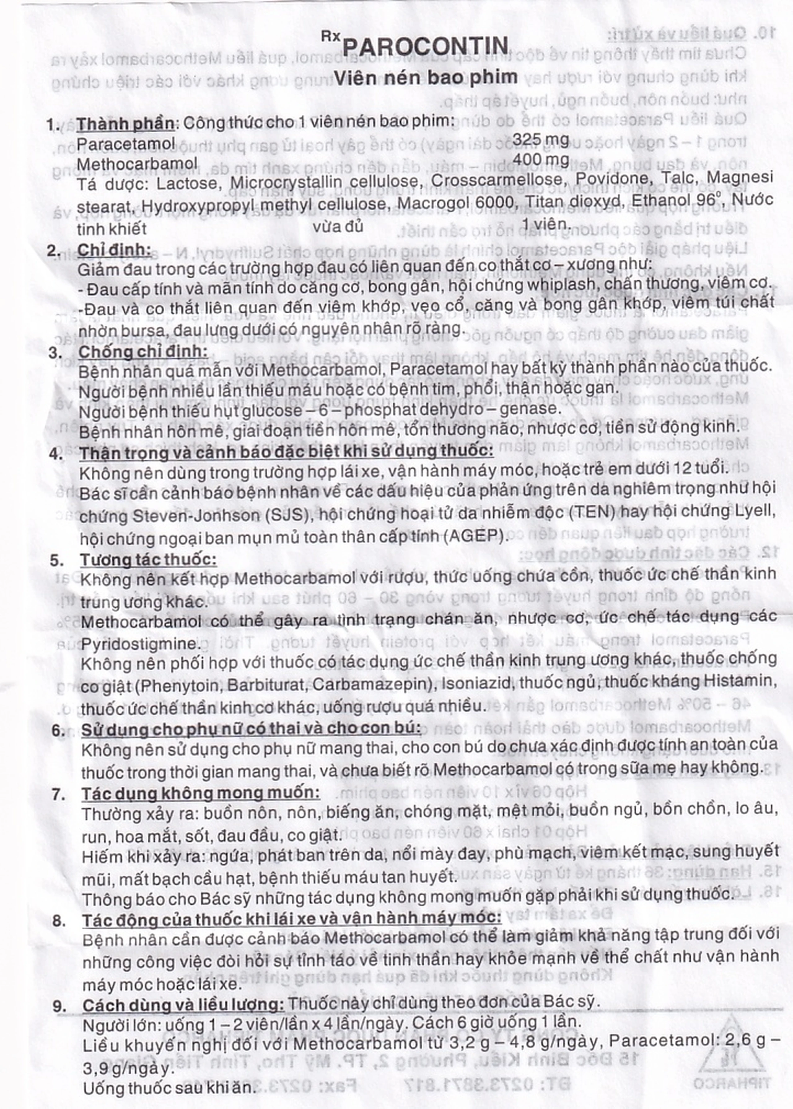 Viên nén Parocontin Tipharco giảm đau co thắt cơ xương, đau căng cơ, bong gân (3 vỉ x 10 viên)