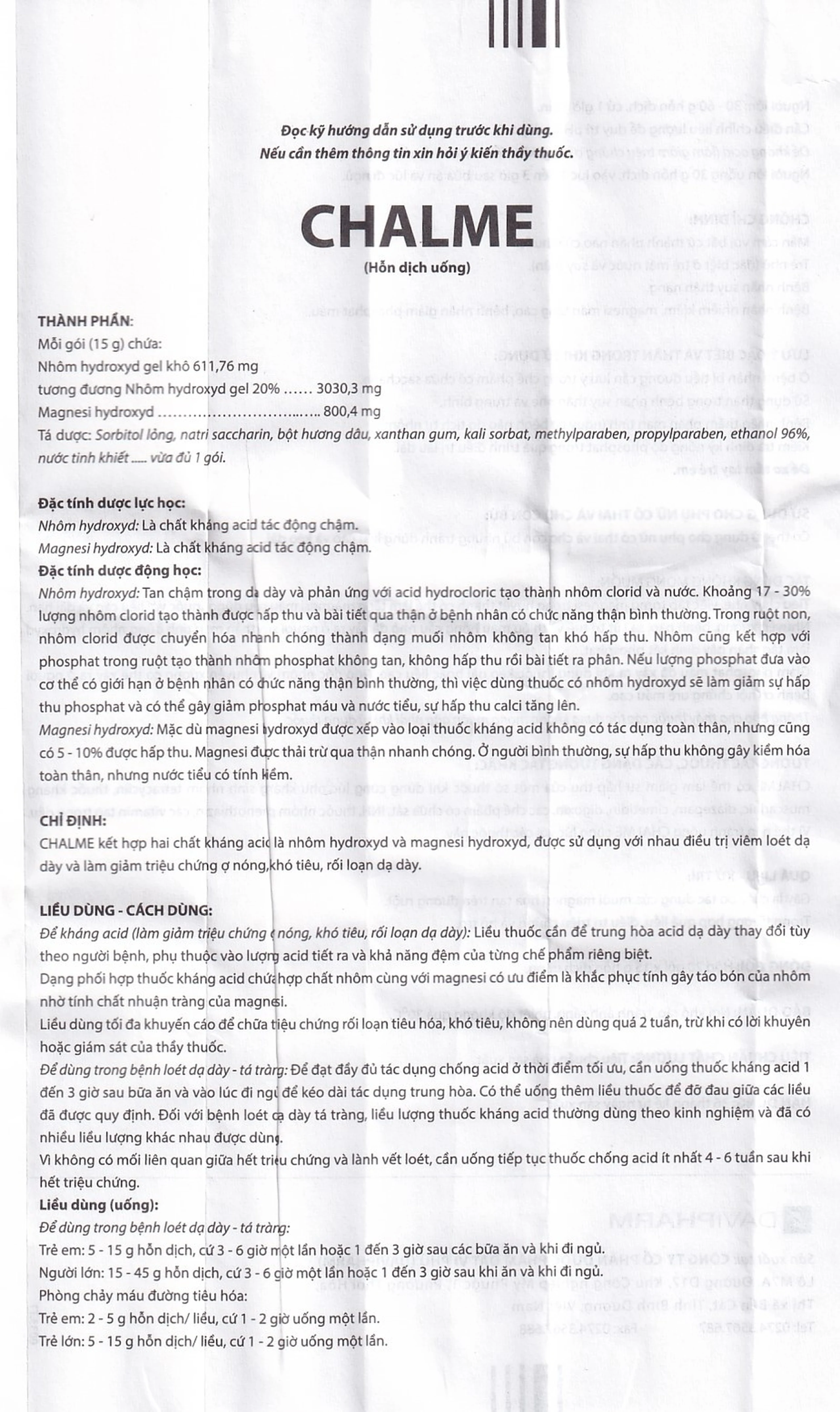 Hỗn dịch uống Chalme Davipharm điều trị viêm loét dạ dày (20 gói x 15g)