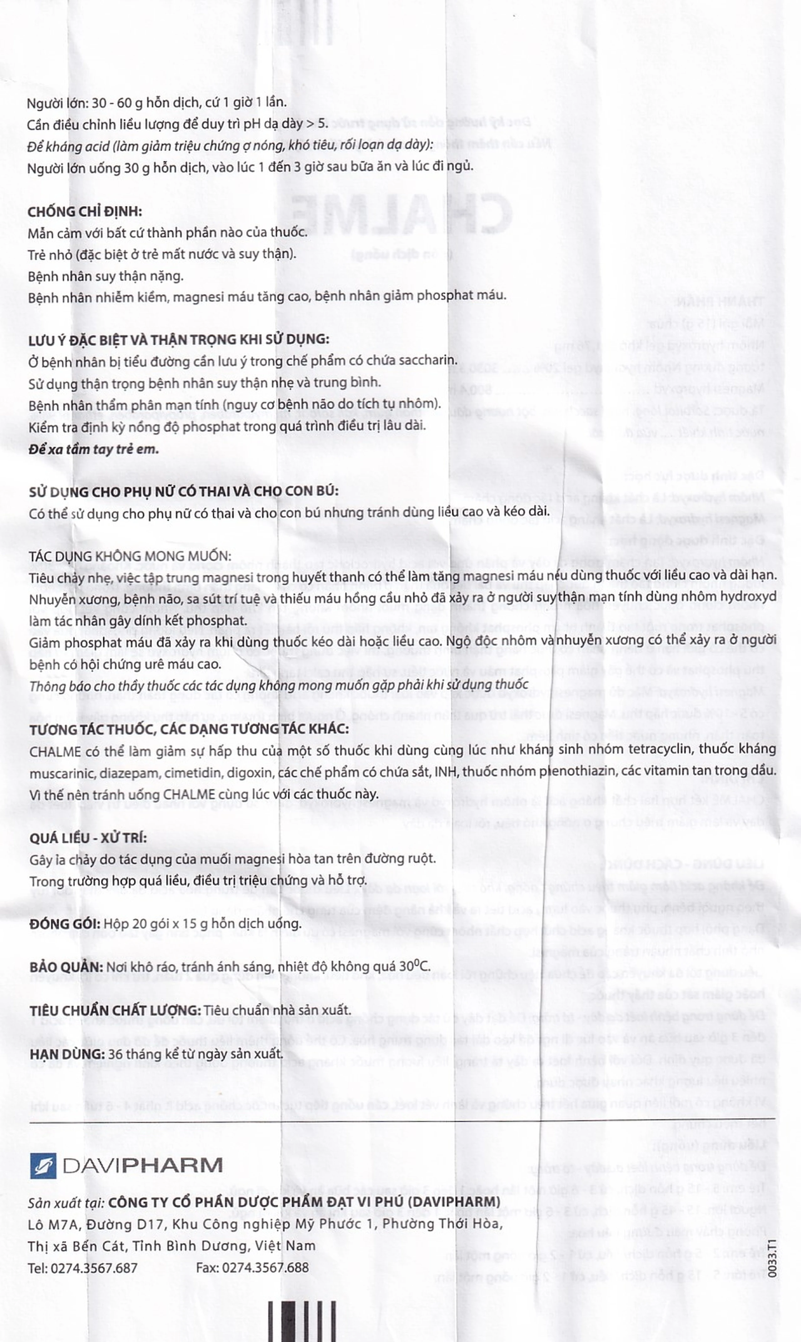 Hỗn dịch uống Chalme Davipharm điều trị viêm loét dạ dày (20 gói x 15g)