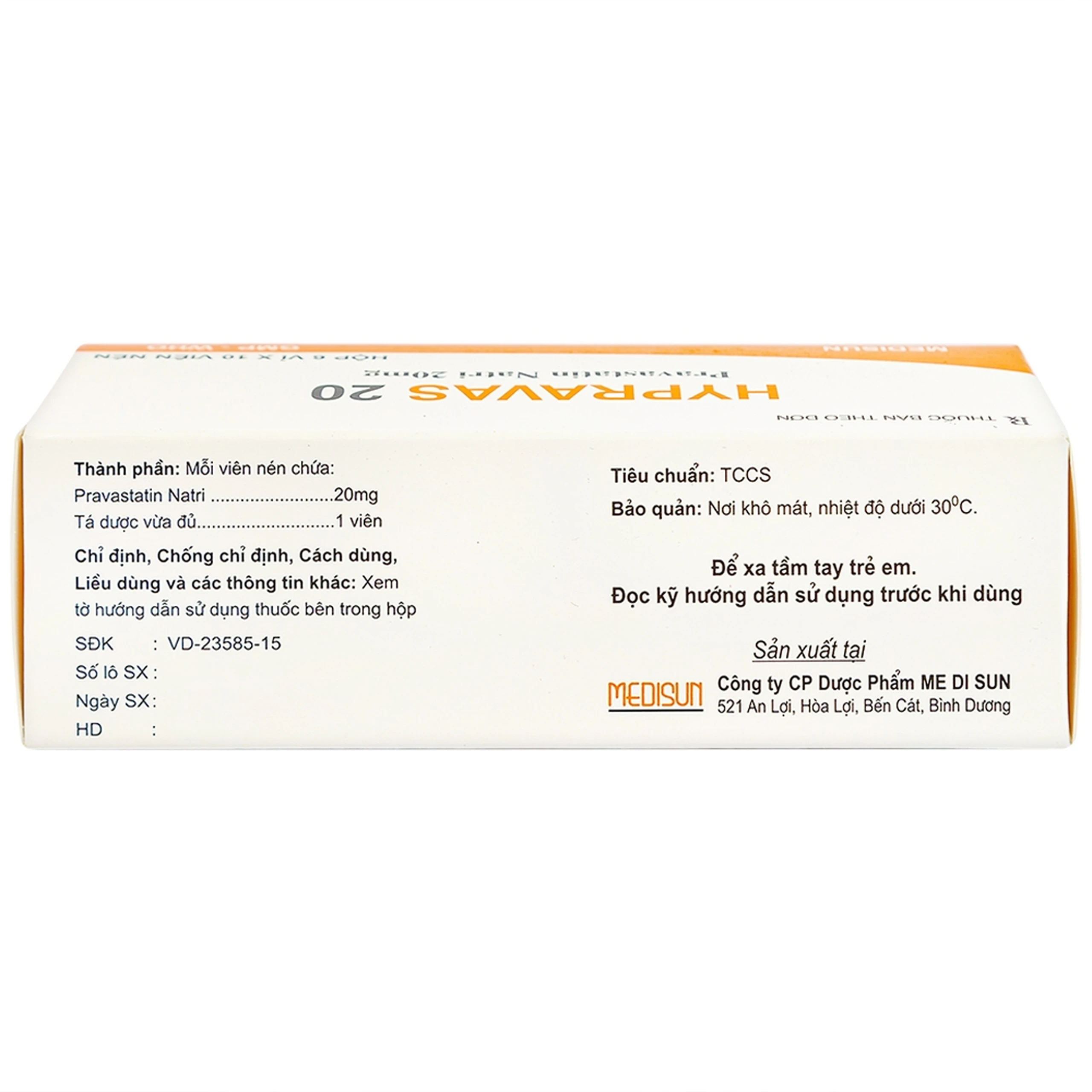 Thuốc Hypravas 20 Medisun điều trị tăng cholesterol máu, xơ vữa động mạch (6 vỉ x 10 viên)