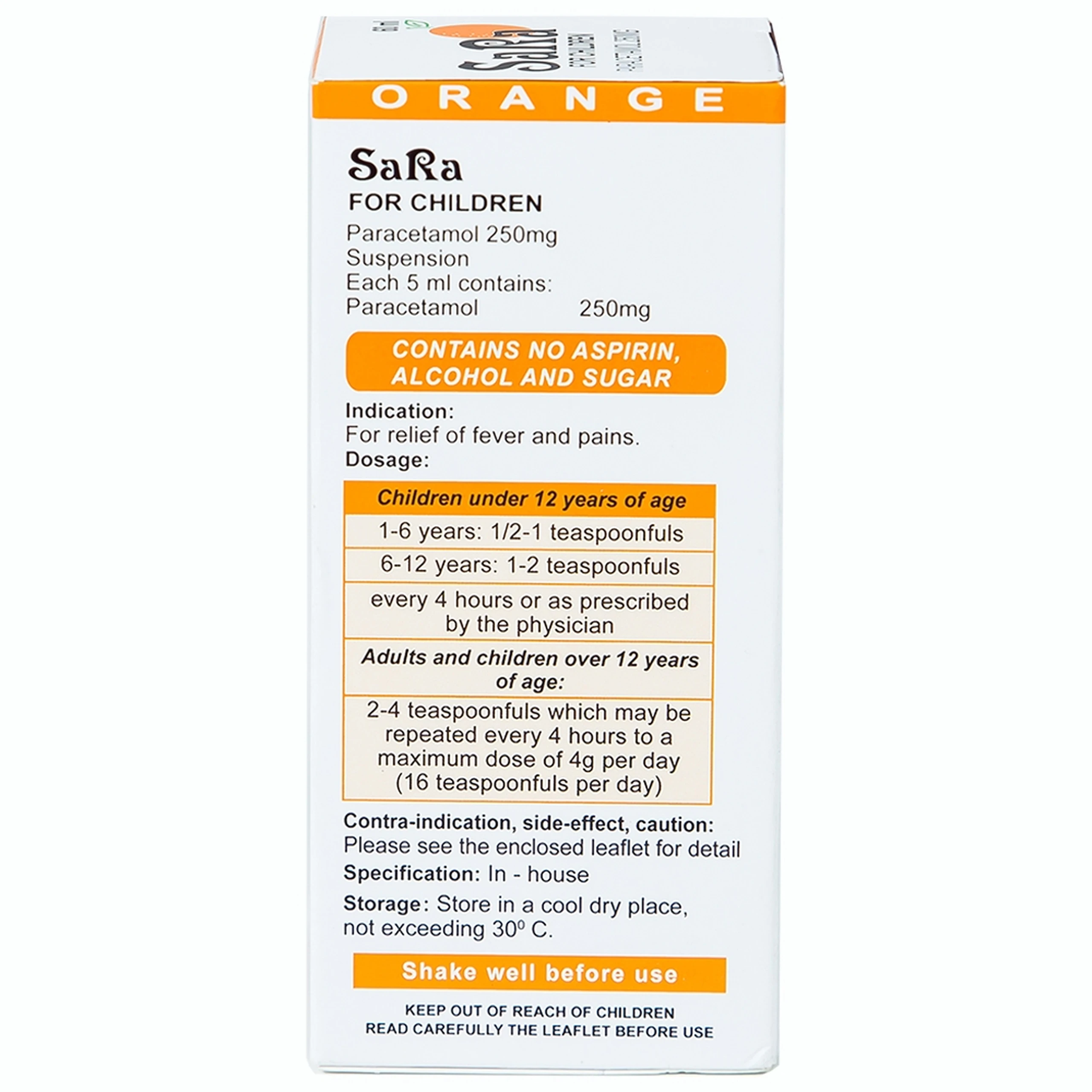 Hỗn dịch SaRa For Children 250mg Thai Nakorn Patana hương cam, hạ sốt và giảm đau (60ml)