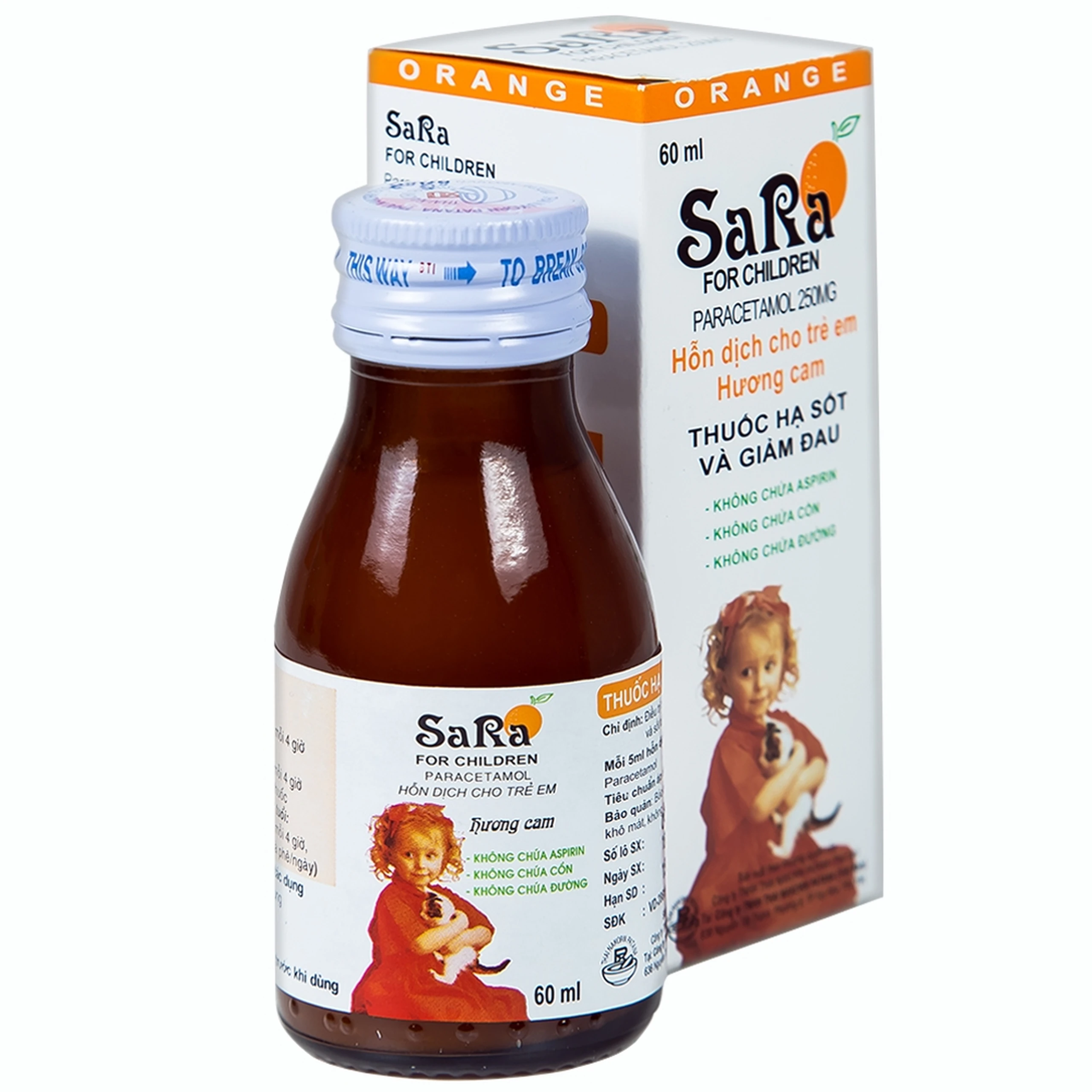 Hỗn dịch SaRa For Children 250mg Thai Nakorn Patana hương cam, hạ sốt và giảm đau (60ml)
