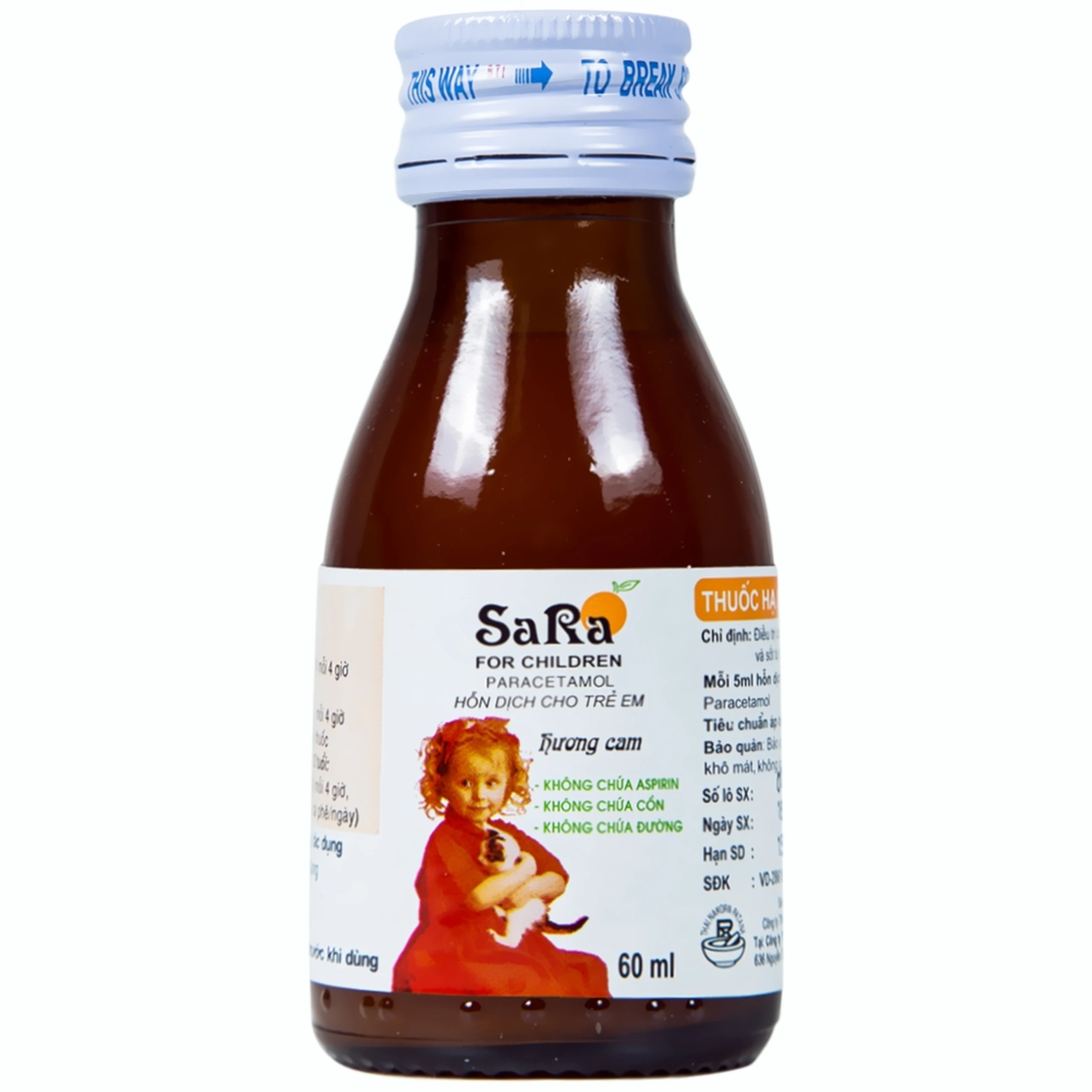 Hỗn dịch SaRa For Children 250mg Thai Nakorn Patana hương cam, hạ sốt và giảm đau (60ml)
