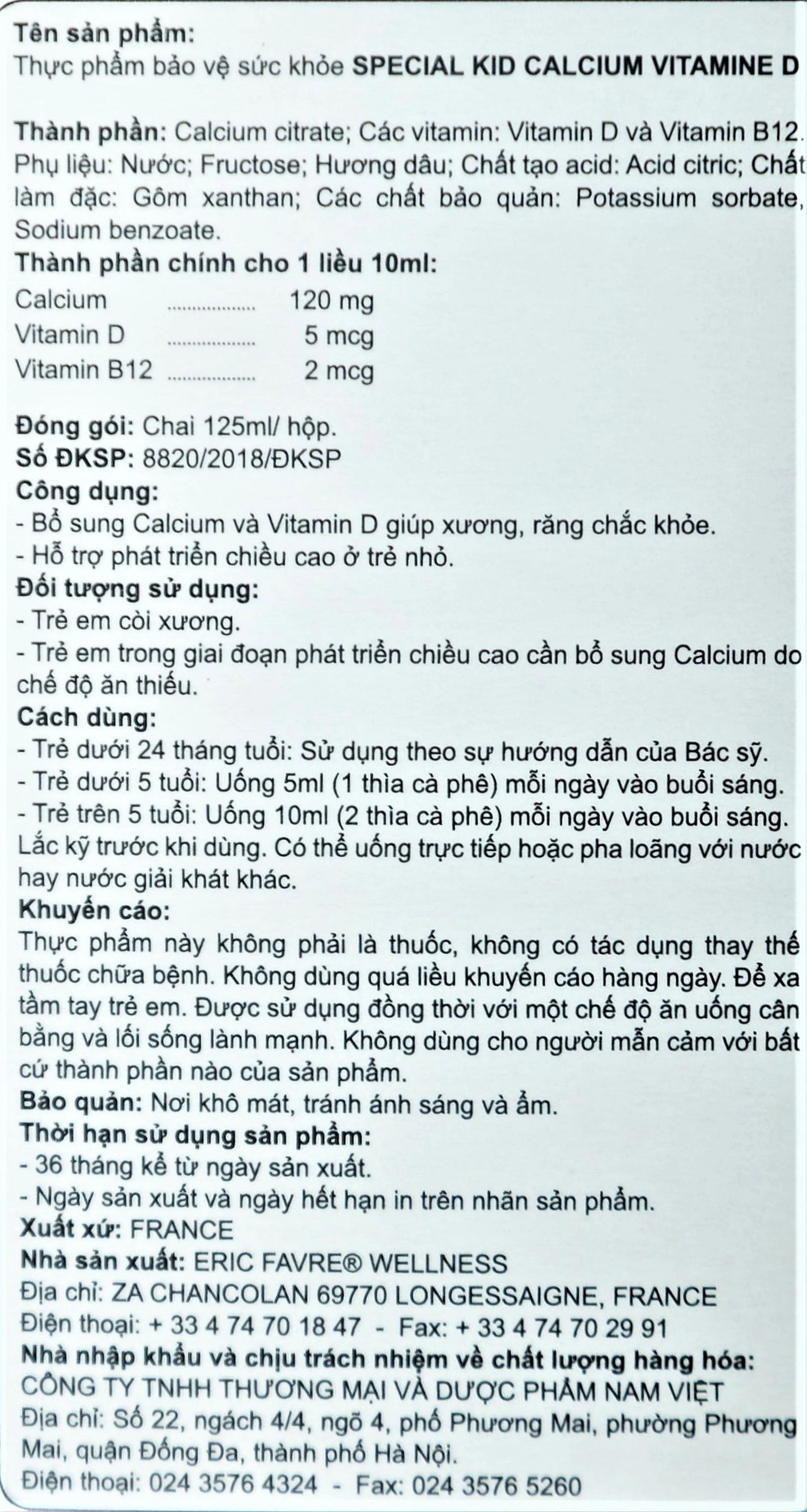 Siro hỗ trợ tăng chiều cao cho trẻ Special Kid Calcium Vitamine D hương dâu (125ml)