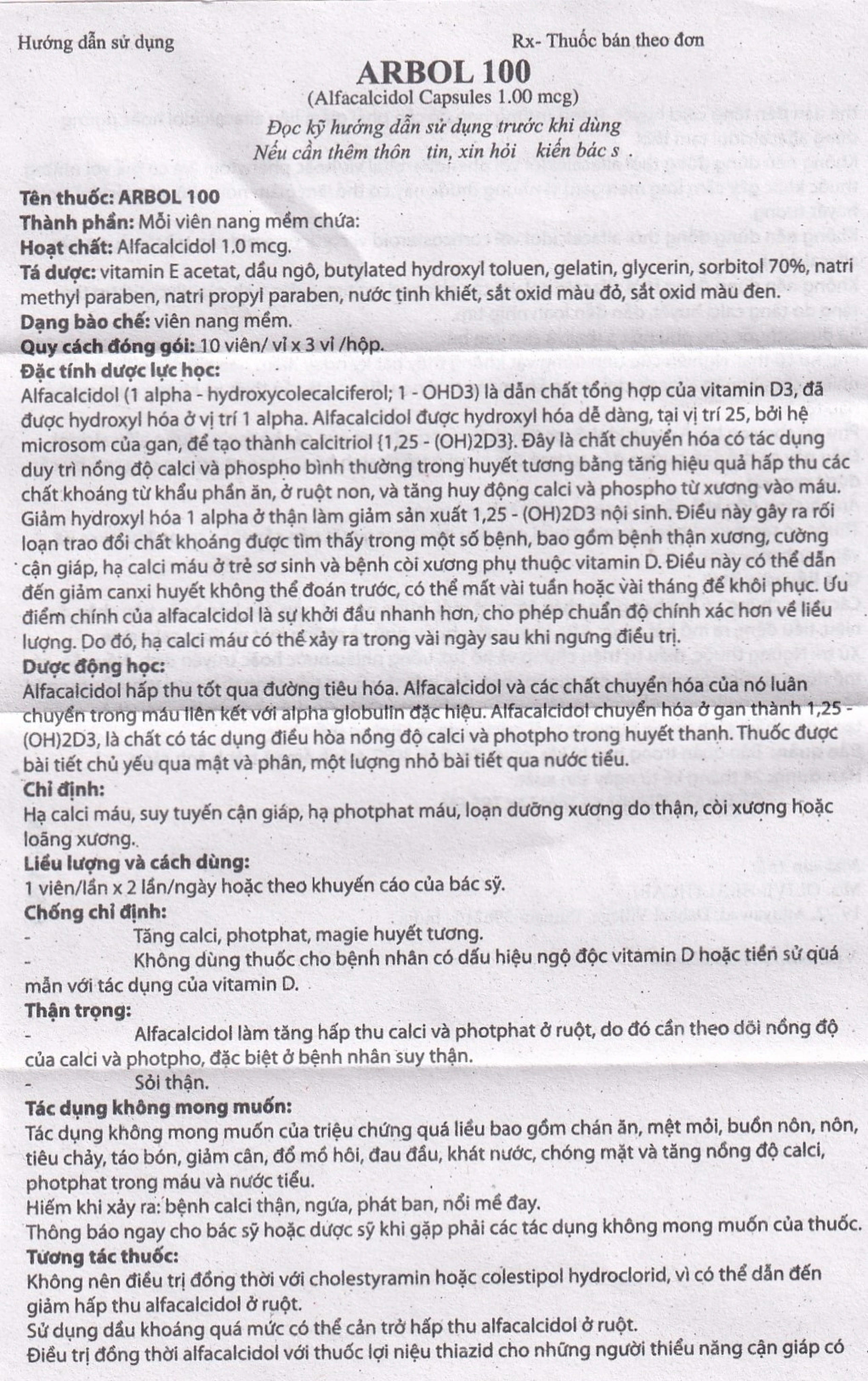 Thuốc Arbol-100 Olive Healthcare dùng trong hạ canxi máu, suy tuyến cận giáp (3 vỉ x 10 viên)