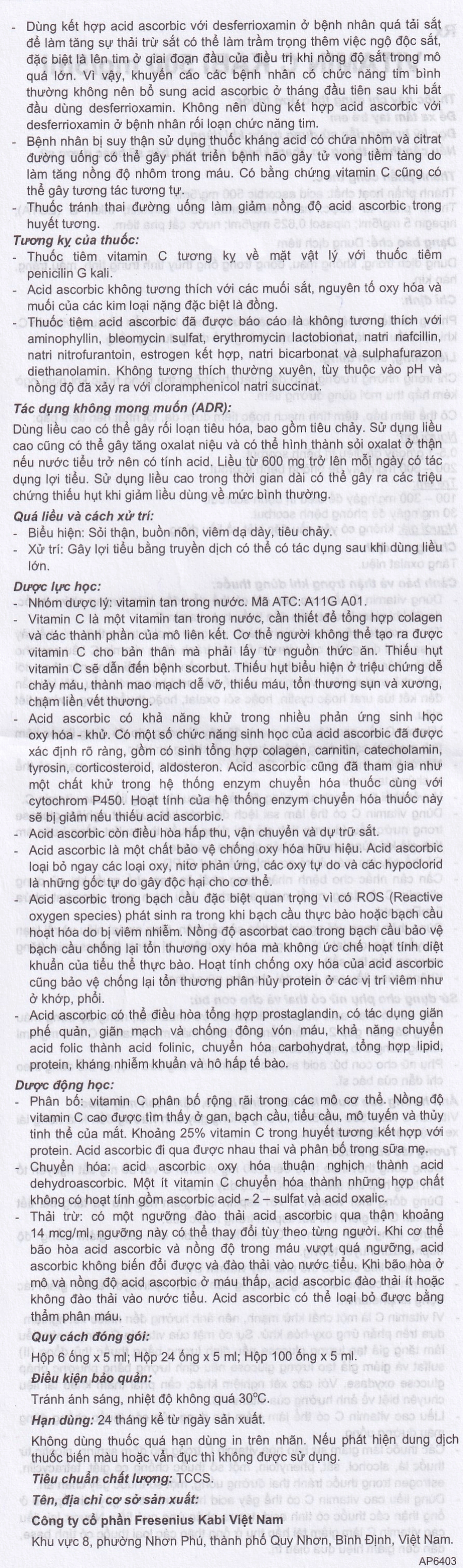 Thuốc tiêm Vitamin C Kabi 500mg/5ml phòng và điều trị bệnh Scorbut (1 vỉ x 6 ống )