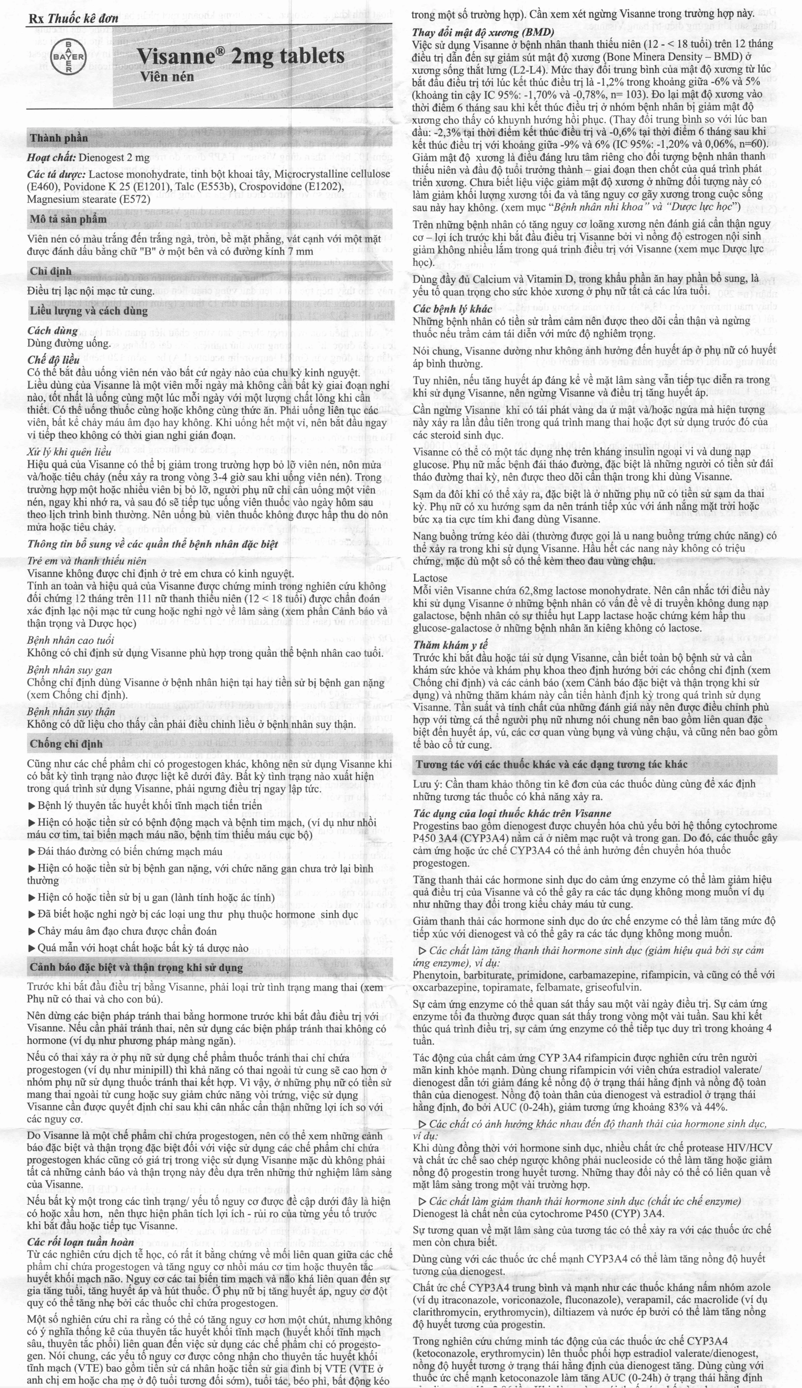Thuốc Visanne 2mg Bayer hỗ trợ điều trị lạc nội mạc tử cung (2 vỉ x 14 viên)