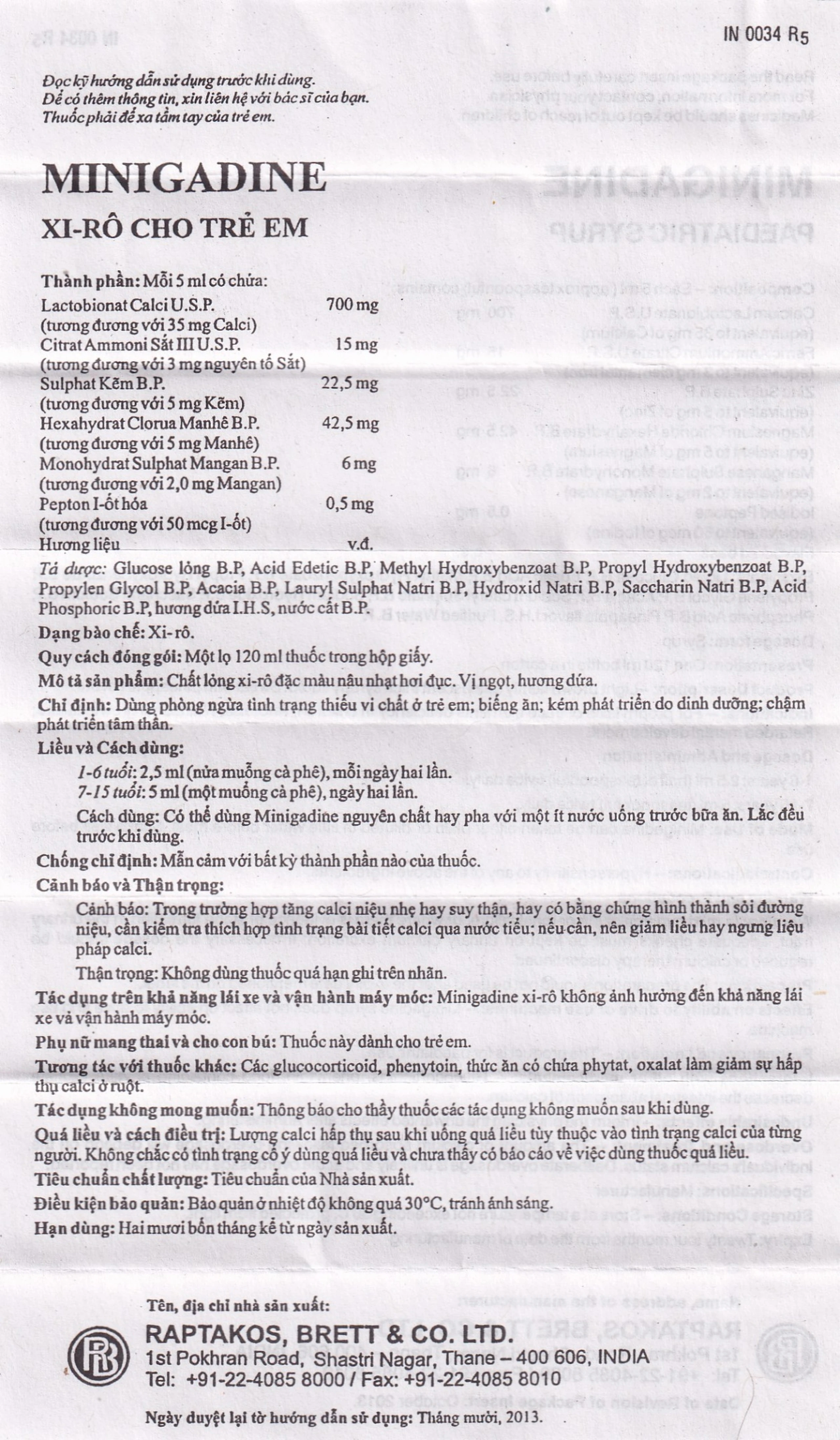 Siro cho trẻ em Minigadine Raptakos Brett phòng ngừa thiếu vi chất, biếng ăn (120ml)