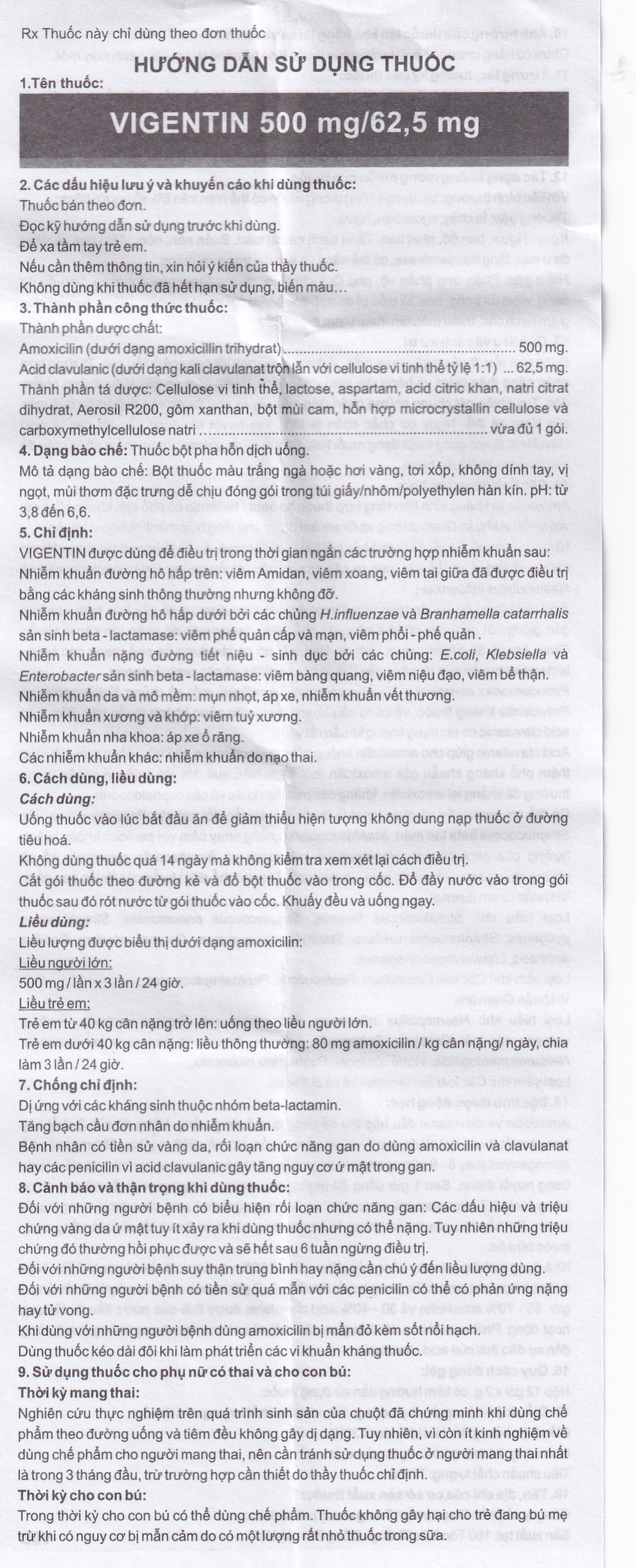 Thuốc bột pha hỗn dịch uống Vigentin 500mg/62,5mg Pharbaco điều trị các chứng nhiễm khuẩn (12 gói x 2g)