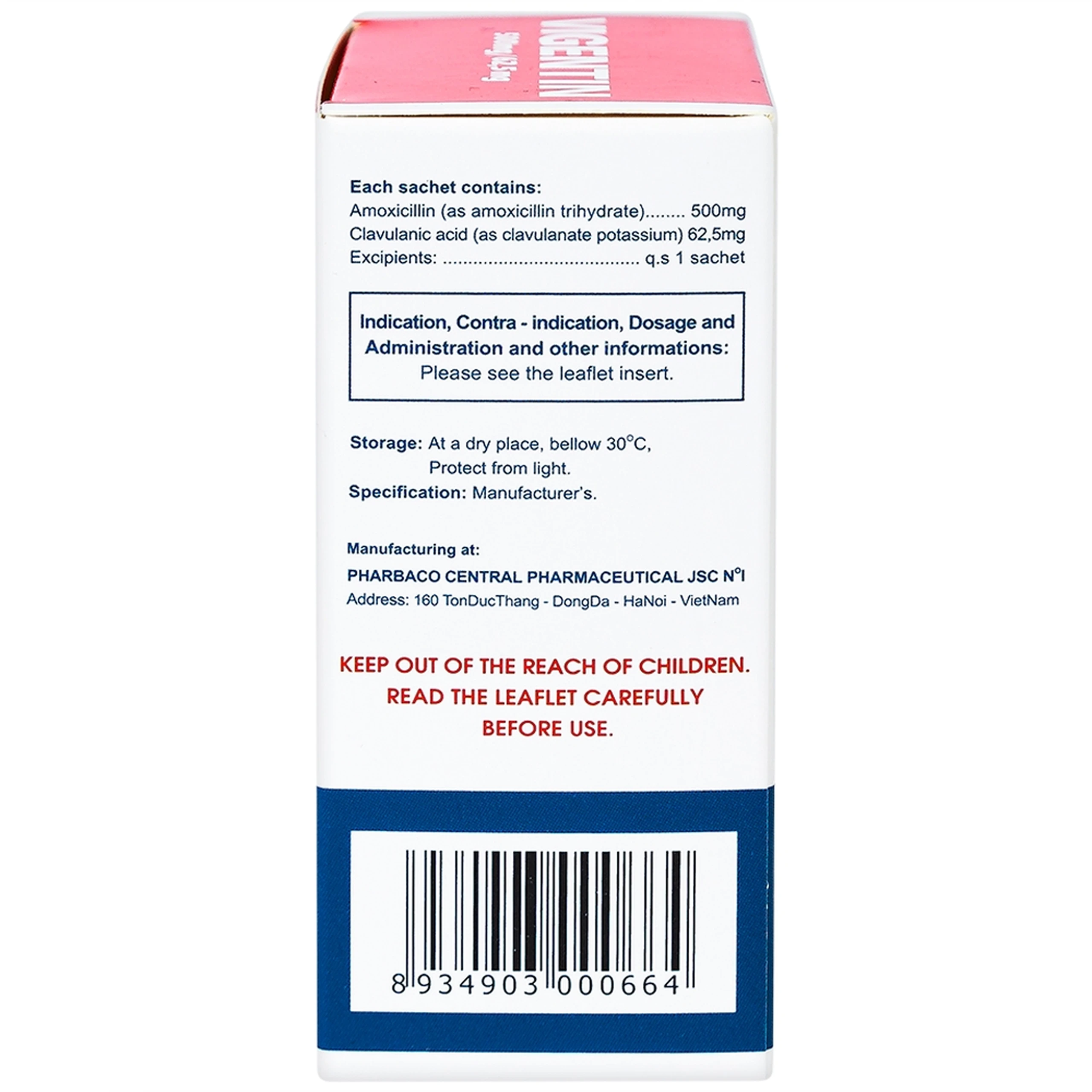 Thuốc bột pha hỗn dịch uống Vigentin 500mg/62,5mg Pharbaco điều trị các chứng nhiễm khuẩn (12 gói x 2g)