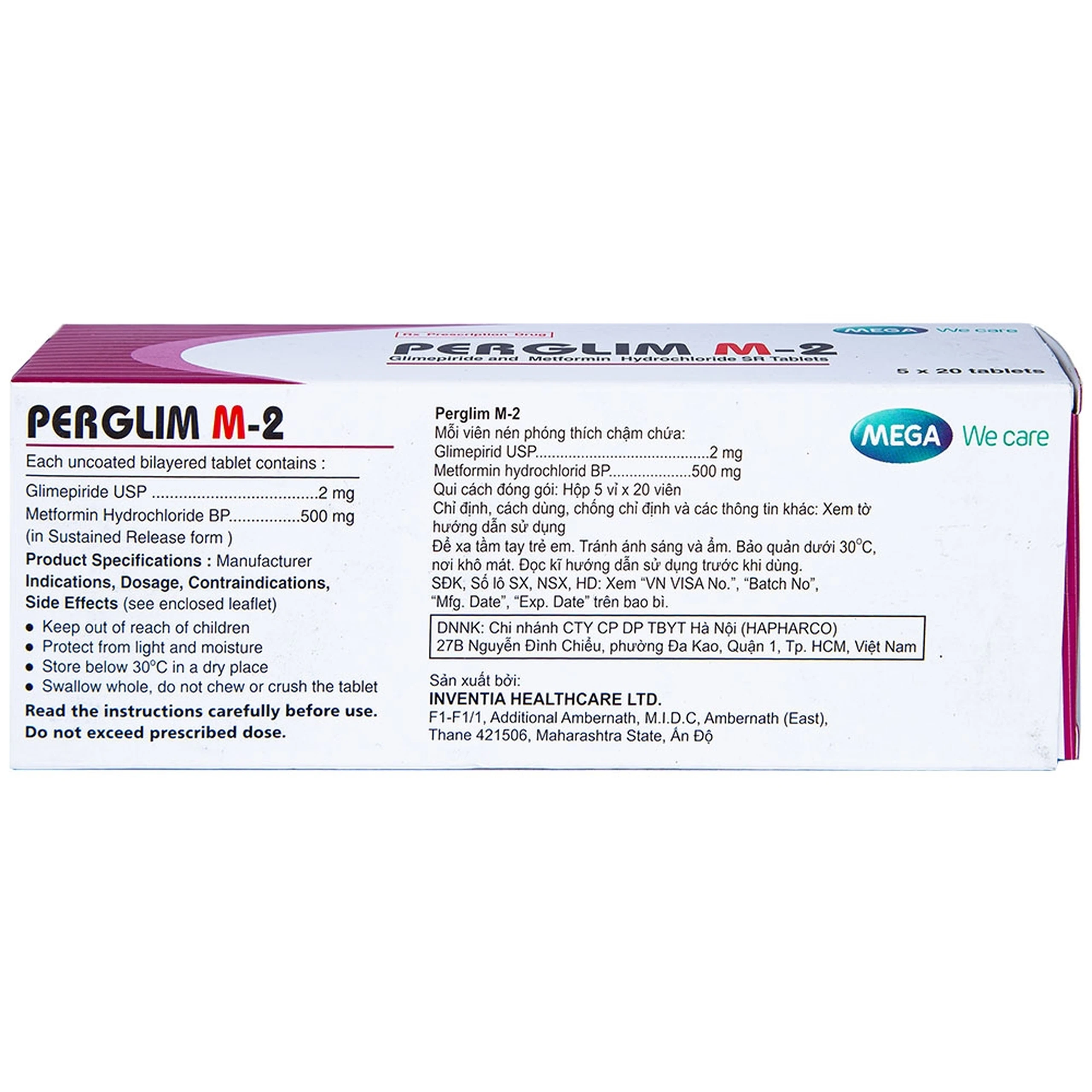 Viên nén Perglim M-2 Mega We Care điều trị bệnh đái tháo đường típ 2 (5 vỉ x 20 viên)