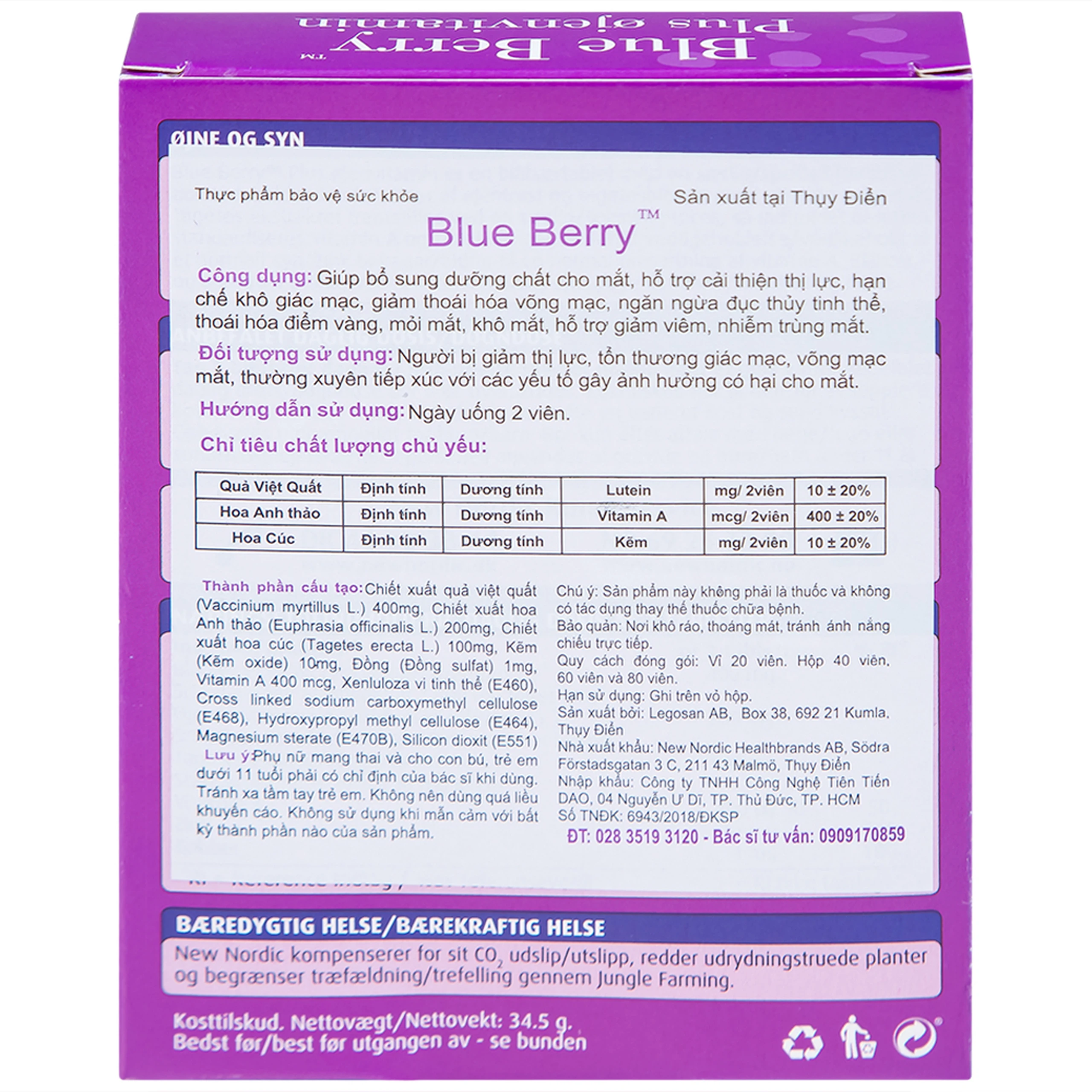 Viên uống hỗ trợ cải thiện thị lực, giảm mỏi mắt, khô mắt Blue Berry Plus Ojenvitamin New Nordic (40 viên)