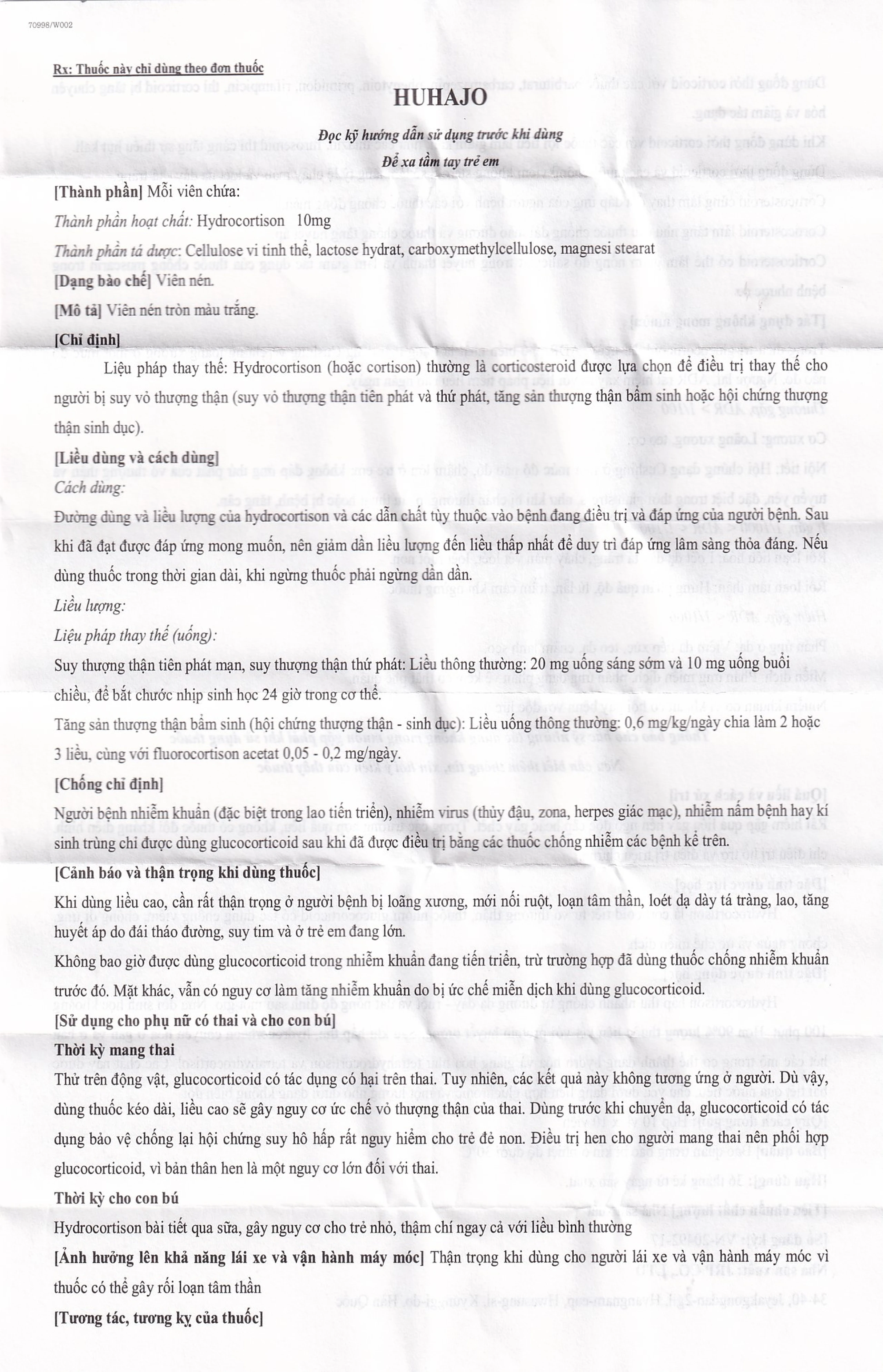 Thuốc Huhajo Tab 10mg JRP điều trị thay thế cho người bị suy vỏ thượng thận (10 vỉ x 10 viên)