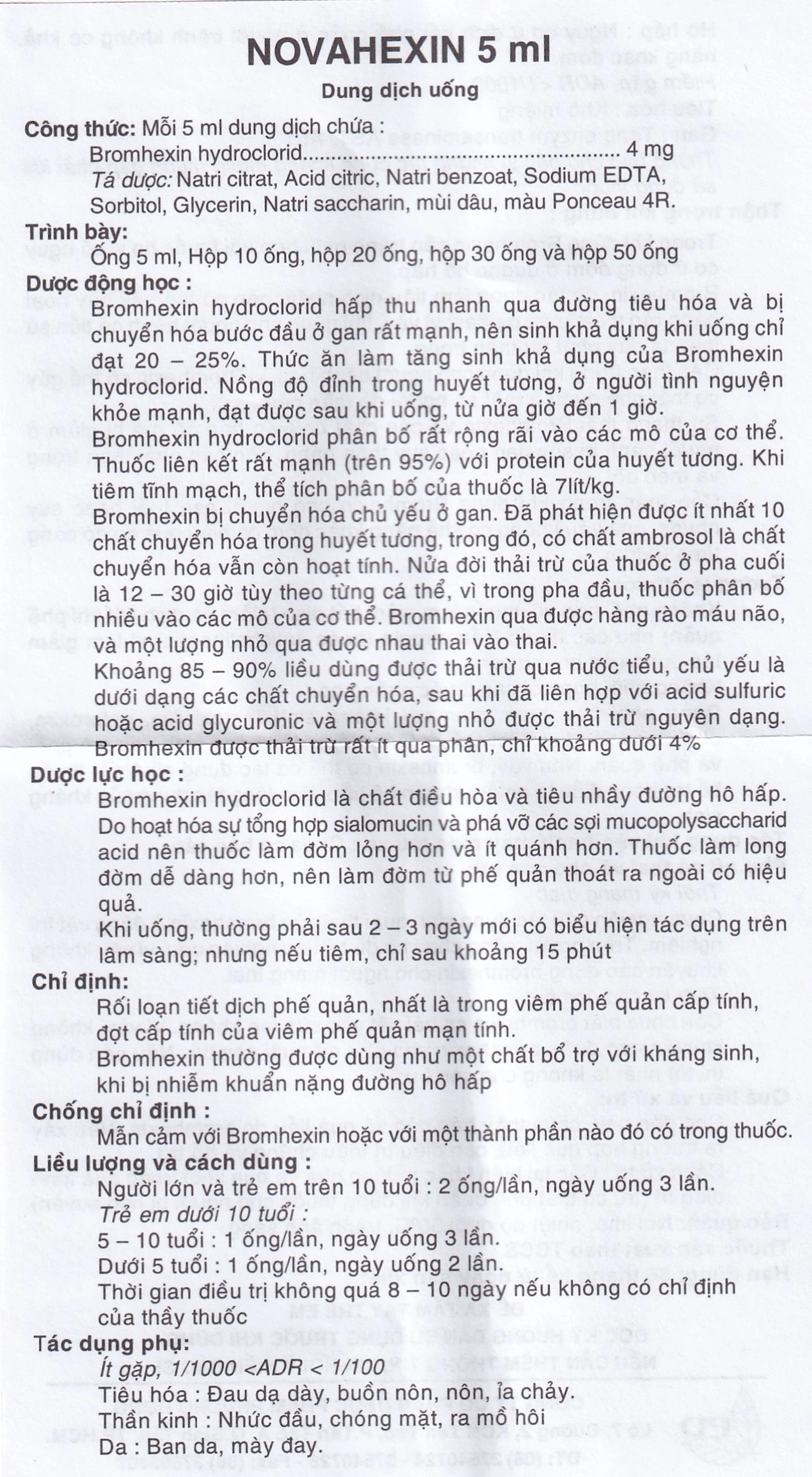 Dung dịch uống Novahexin 4mg Phương Đông điều trị rối loạn tiết dịch phế quản (30 ống x 5ml)