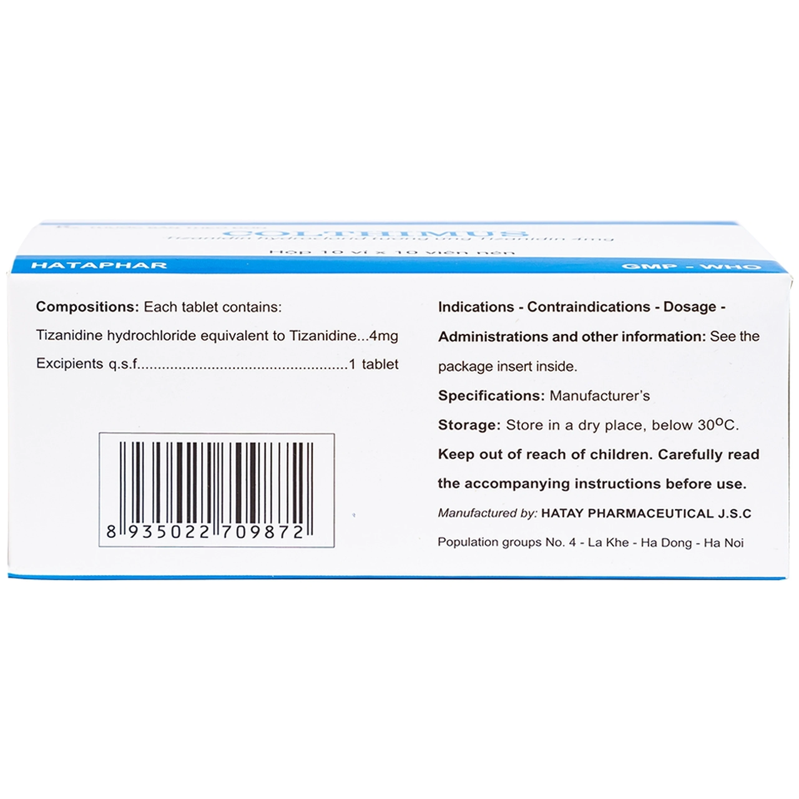 Thuốc Colthimus Hataphar điều trị triệu chứng co cứng cơ (10 vỉ x 10 viên)