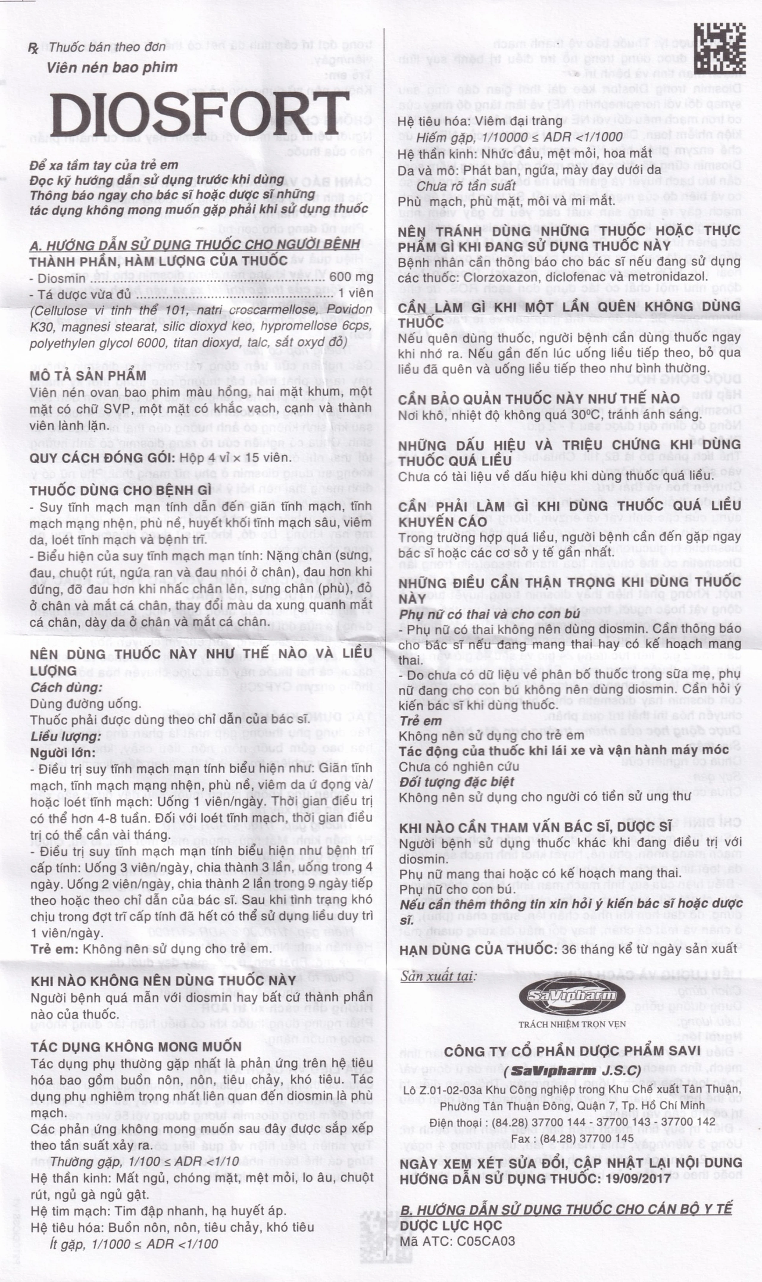 Thuốc Diosfort Savi điều trị bệnh suy tĩnh mạch mạn tính (4 vỉ x 15 viên)