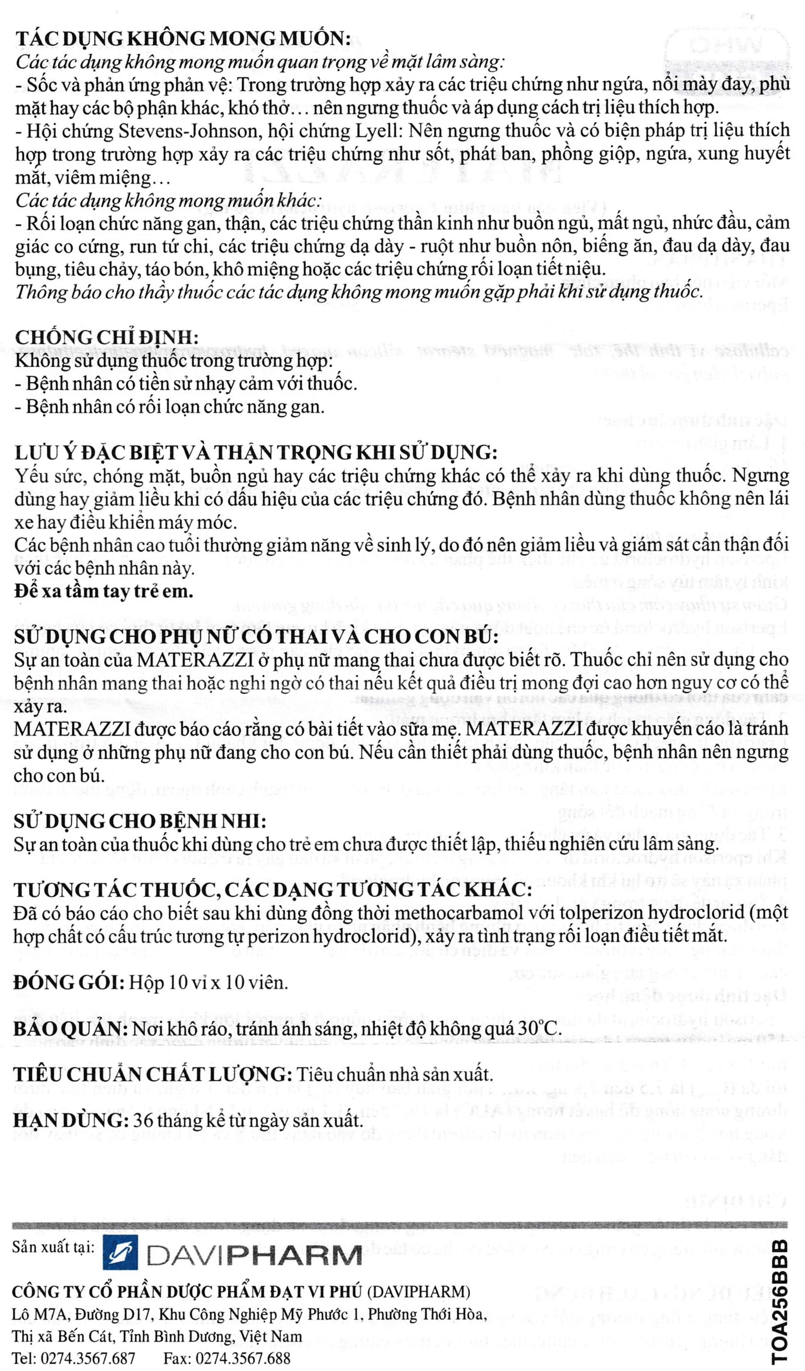 Viên nén Materazzi 50mg DaviPharm giãn cơ xương, điều trị chứng co thắt, co cứng cơ (10 vỉ x 10 viên)