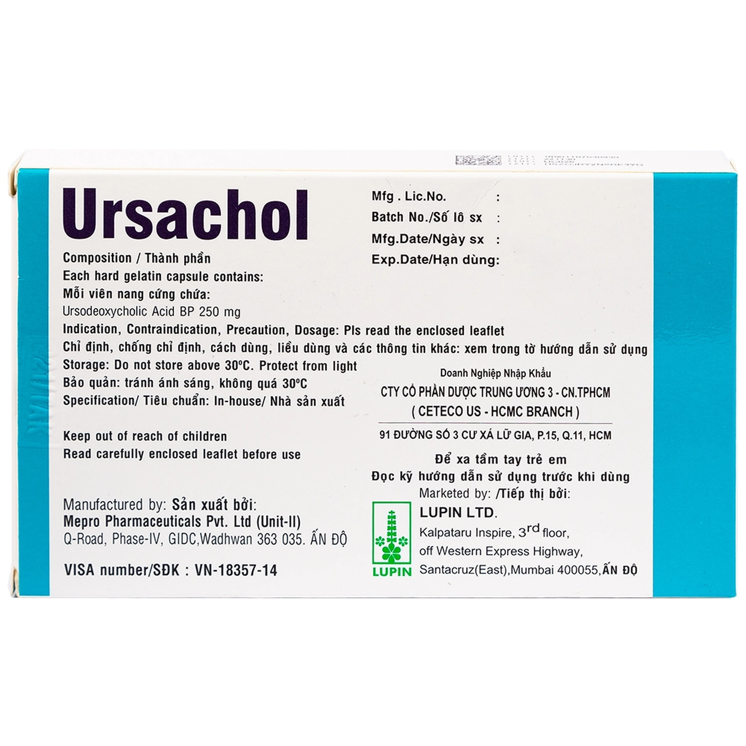 Thuốc Ursachol 250mg Lupin điều trị xơ gan mật nguyên phát (2 vỉ x 10 viên)