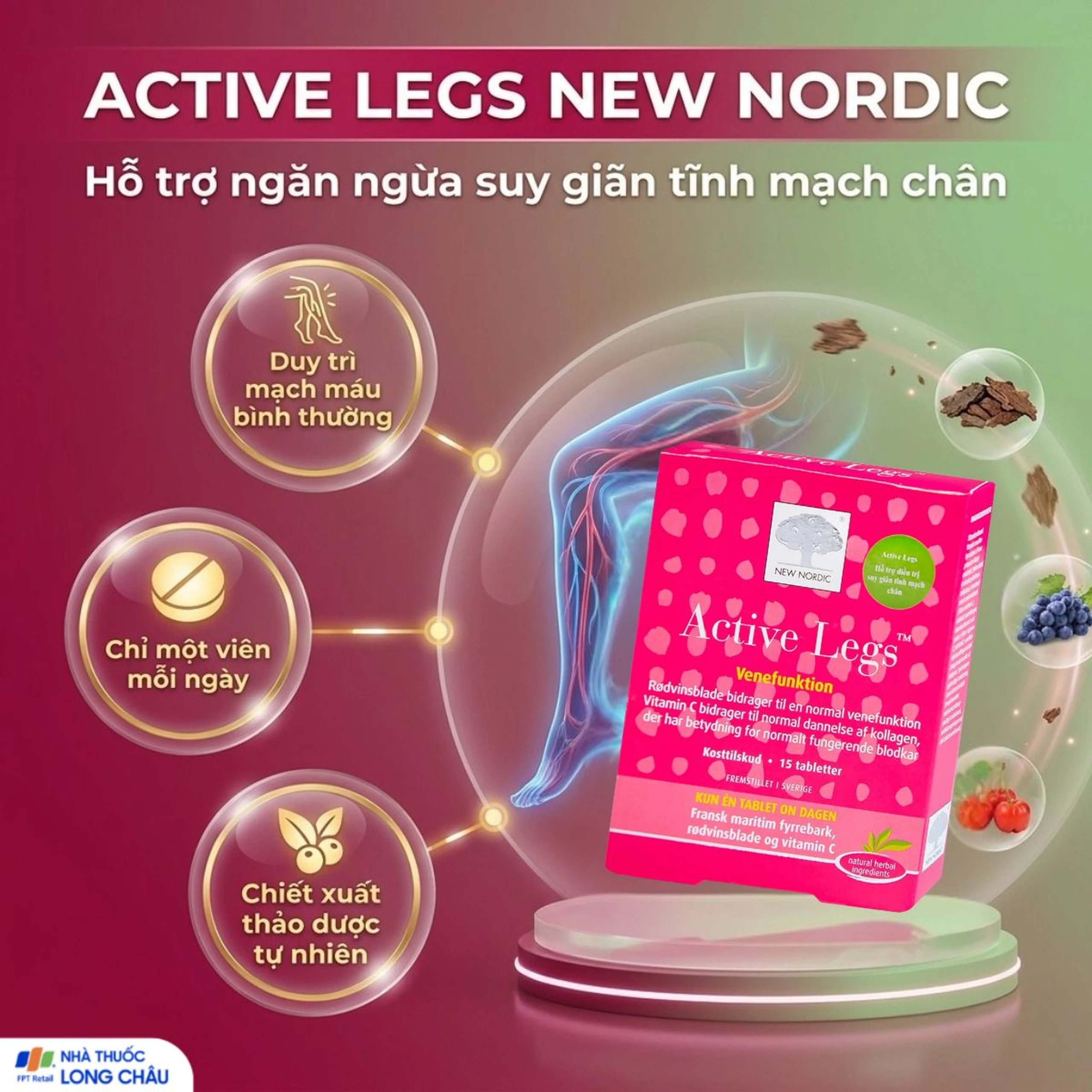 Viên uống hỗ trợ điều trị suy giãn tĩnh mạch chân Active Legs New Nordic (15 viên) 2