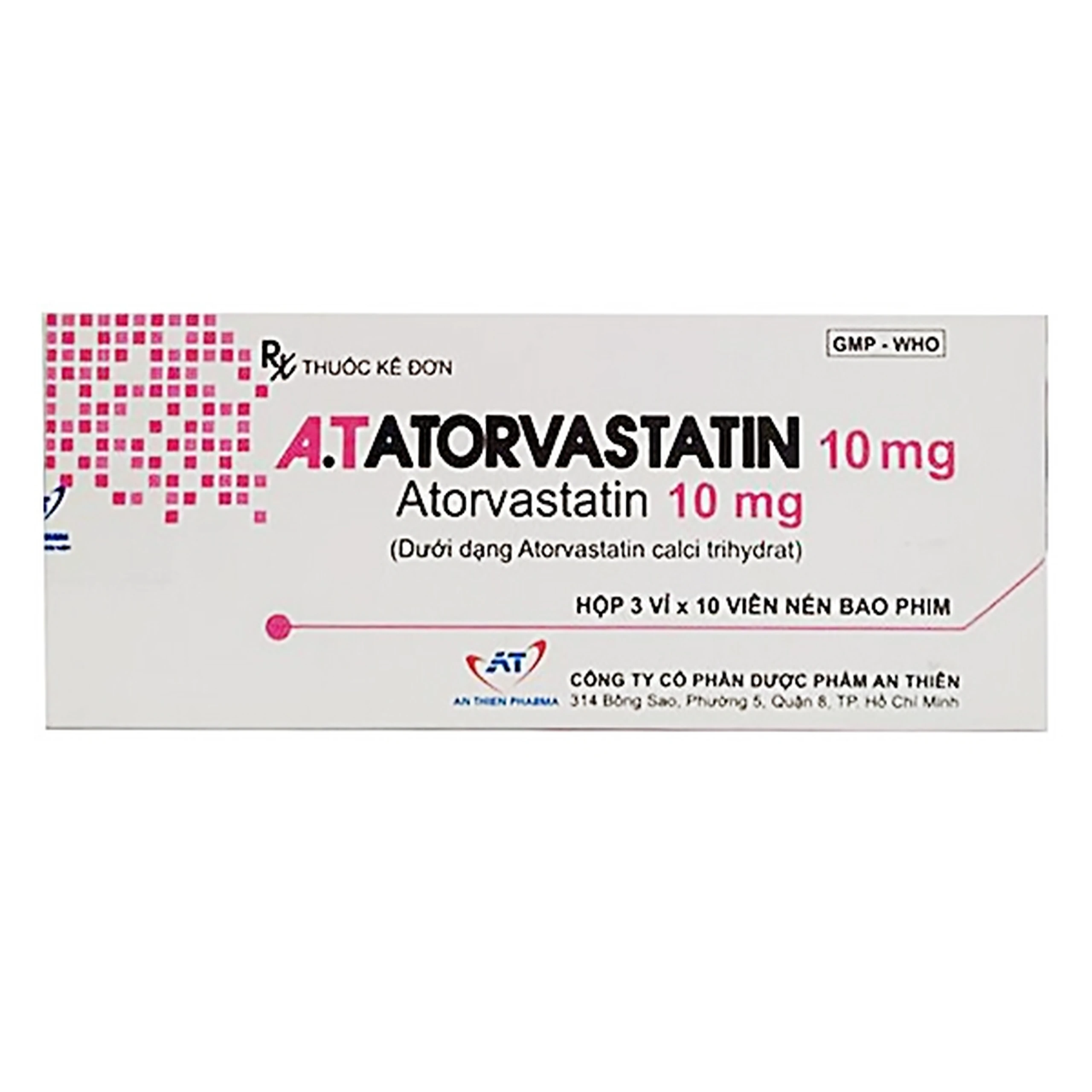 Thuốc A.T Atorvastatin 10mg An Thiên điều trị tăng cholesterol toàn phần, LDL – cholesterol (3 vỉ x 10 viên)