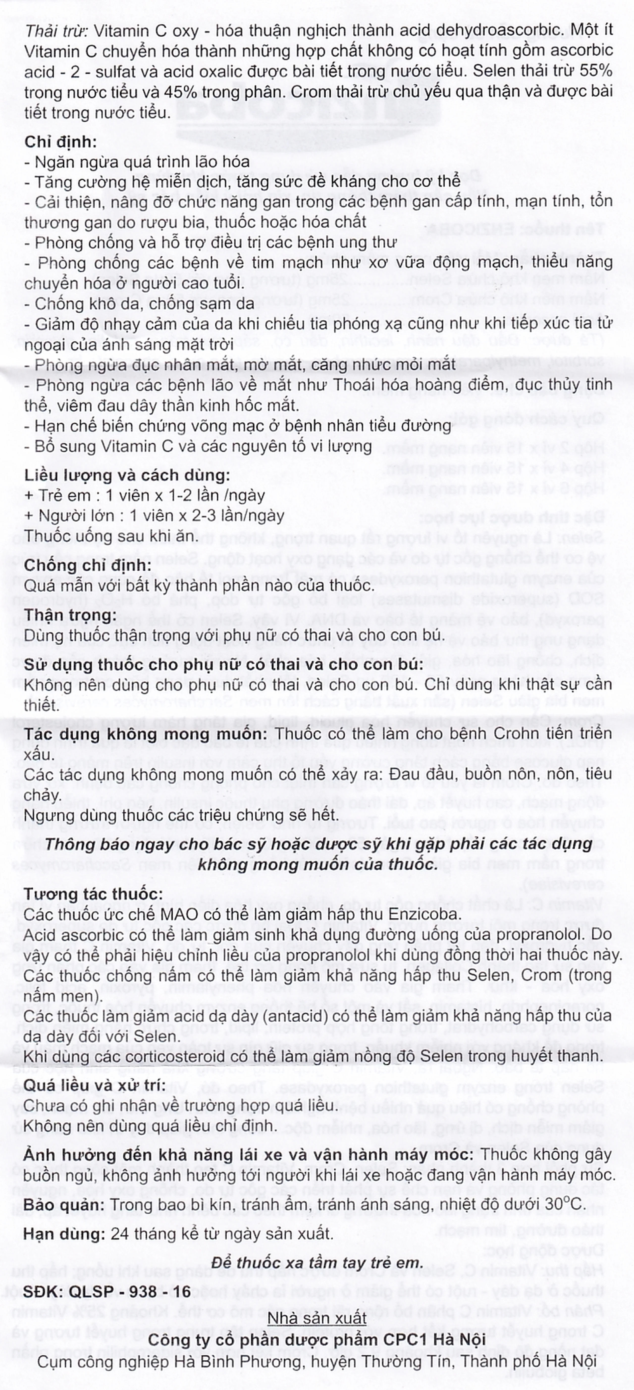 Thuốc Enzicoba CPC1 ngăn ngừa quá trình lão hóa, tăng đề kháng (4 vỉ x 15 viên)