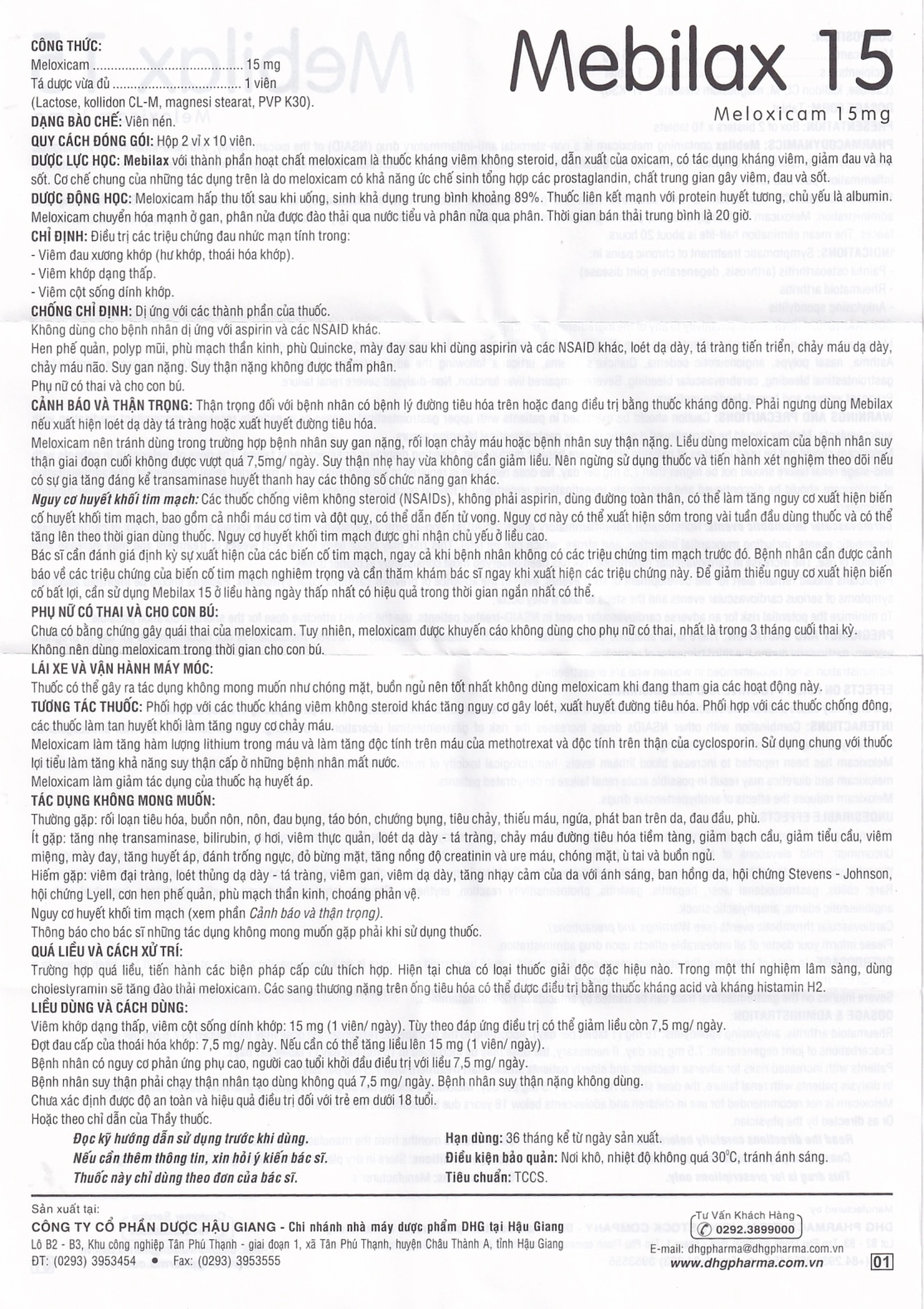 Thuốc Mebilax 15 DHG điều trị viêm đau cơ xương khớp (2 vỉ x 10 viên) 