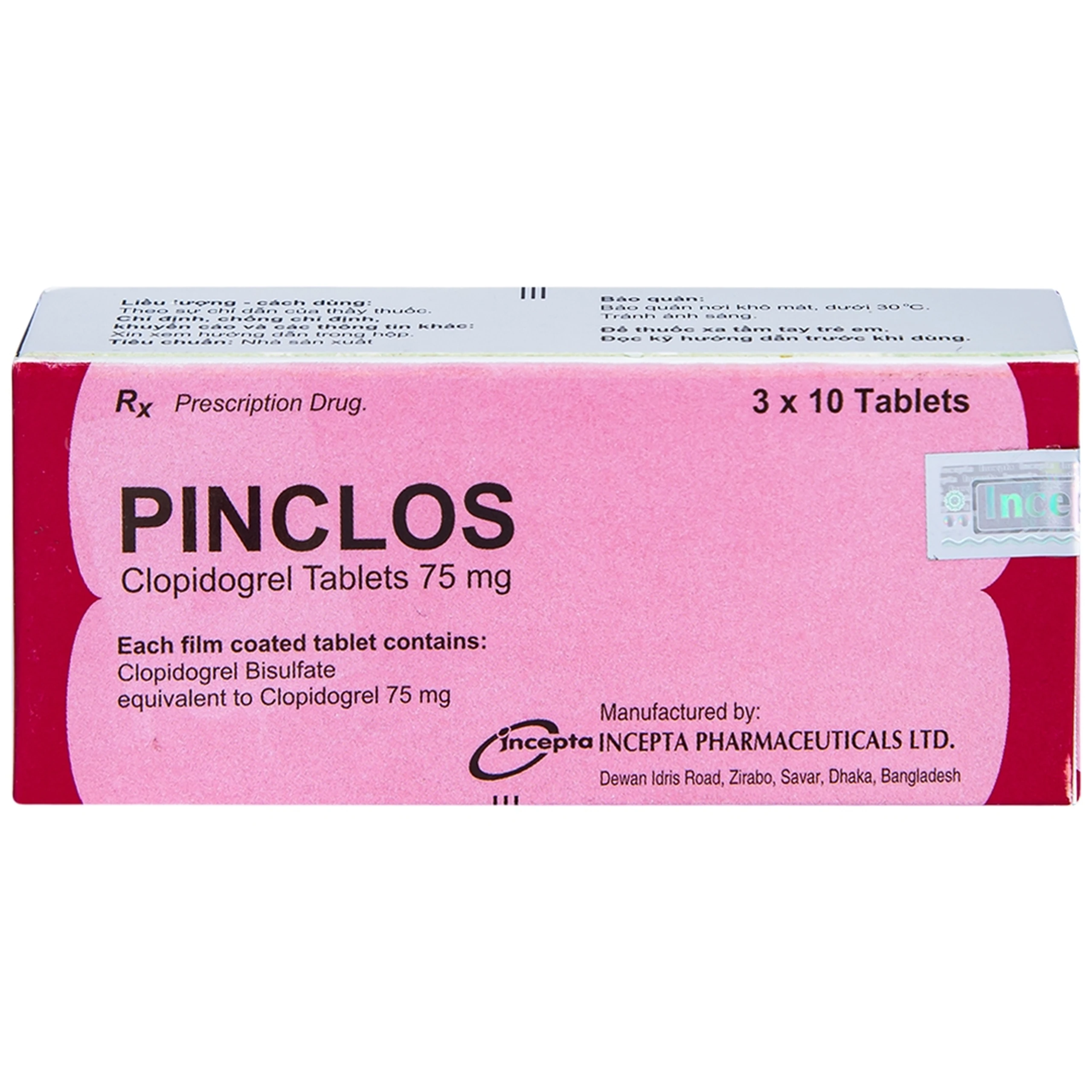 Viên nén Pinclos 75mg Incepta giảm các biến cố do xơ vữa động mạch, nhồi máu cơ tim (3 vỉ x 10 viên)